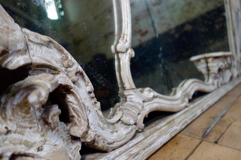 Extremely Large 19th Cent French Rococo Overmantel Wall Mirror Painted Carved For Sale 3