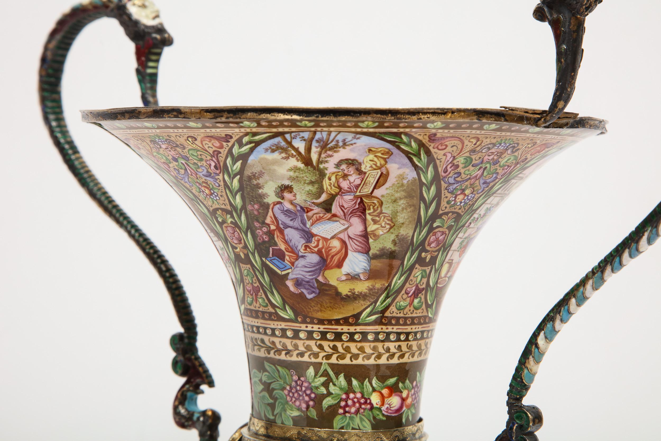 Extremely Large Austrian Silver and Viennese Enamel Twin Handled Vase, 1880 9