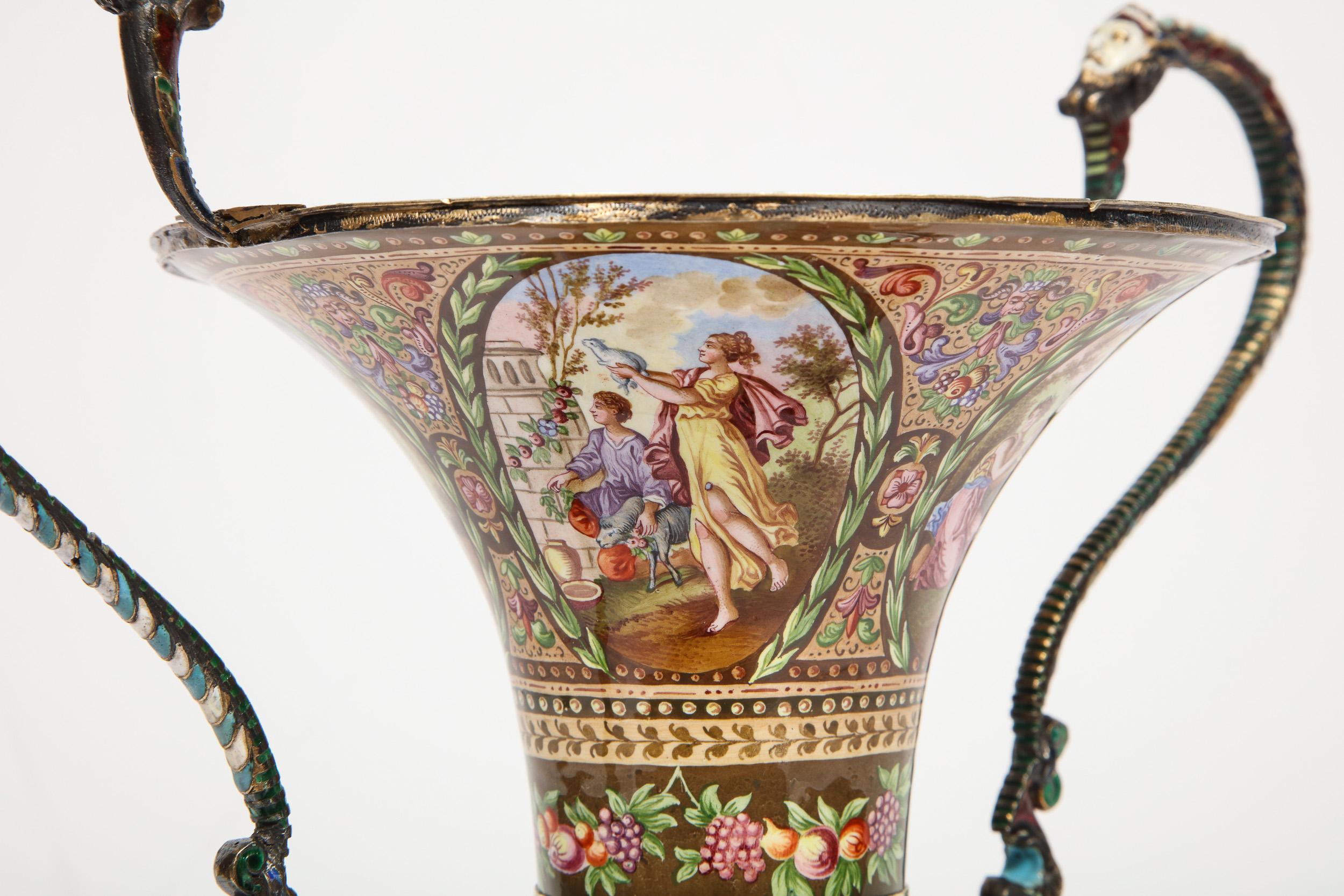 Extremely Large Austrian Silver and Viennese Enamel Twin Handled Vase, 1880 11