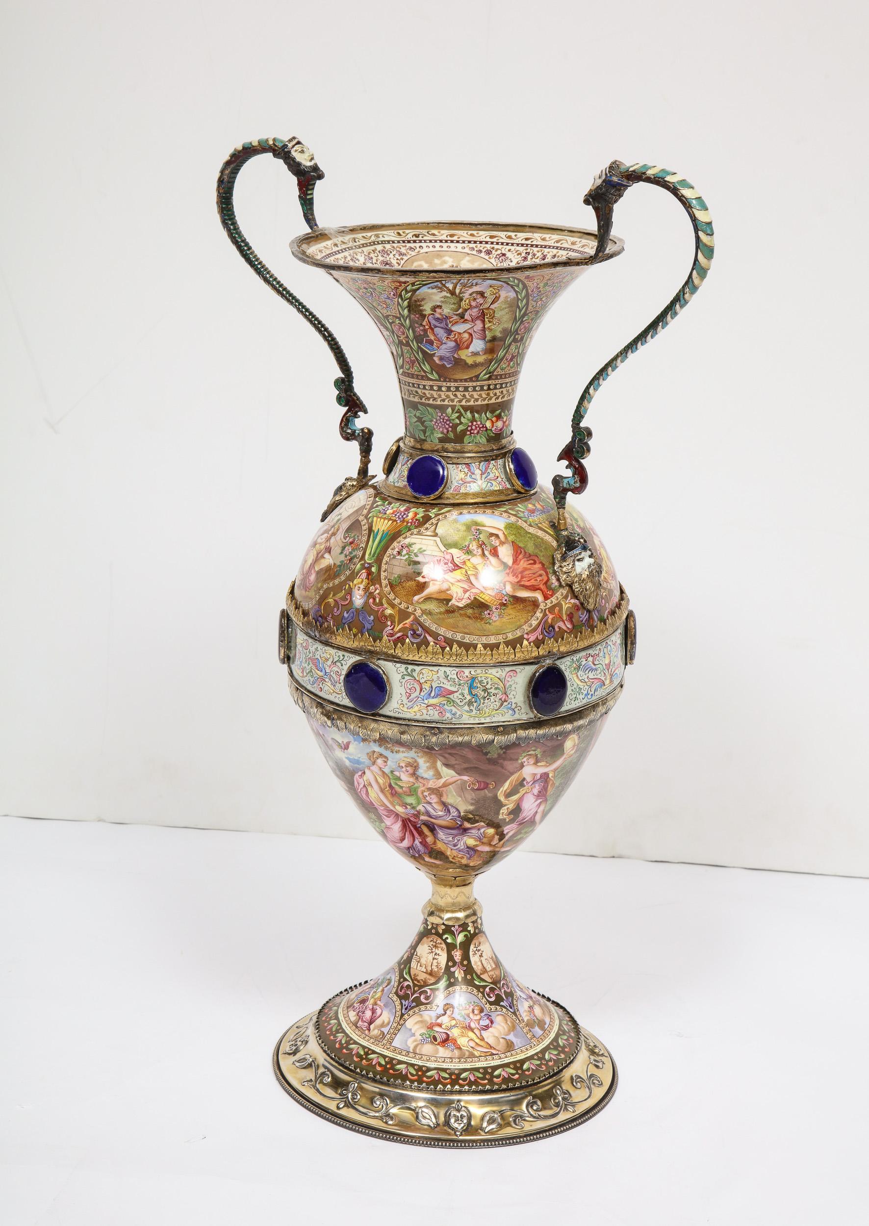 Extremely Large Austrian Silver and Viennese Enamel Twin Handled Vase, 1880 In Good Condition In New York, NY