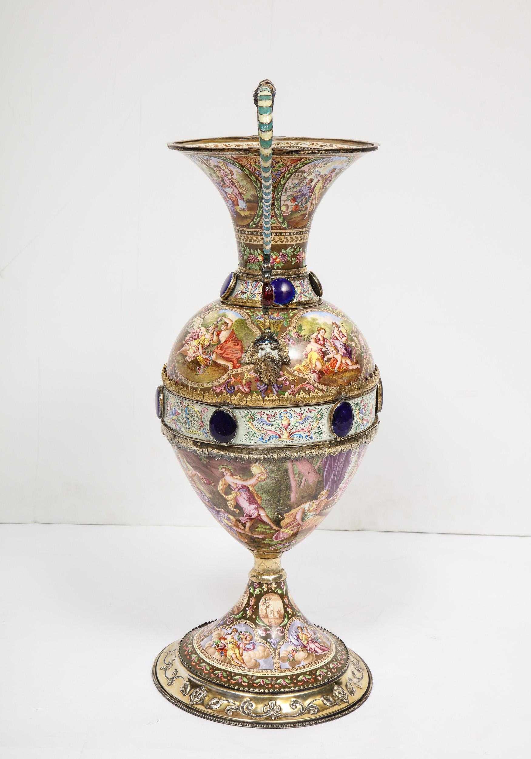 19th Century Extremely Large Austrian Silver and Viennese Enamel Twin Handled Vase, 1880