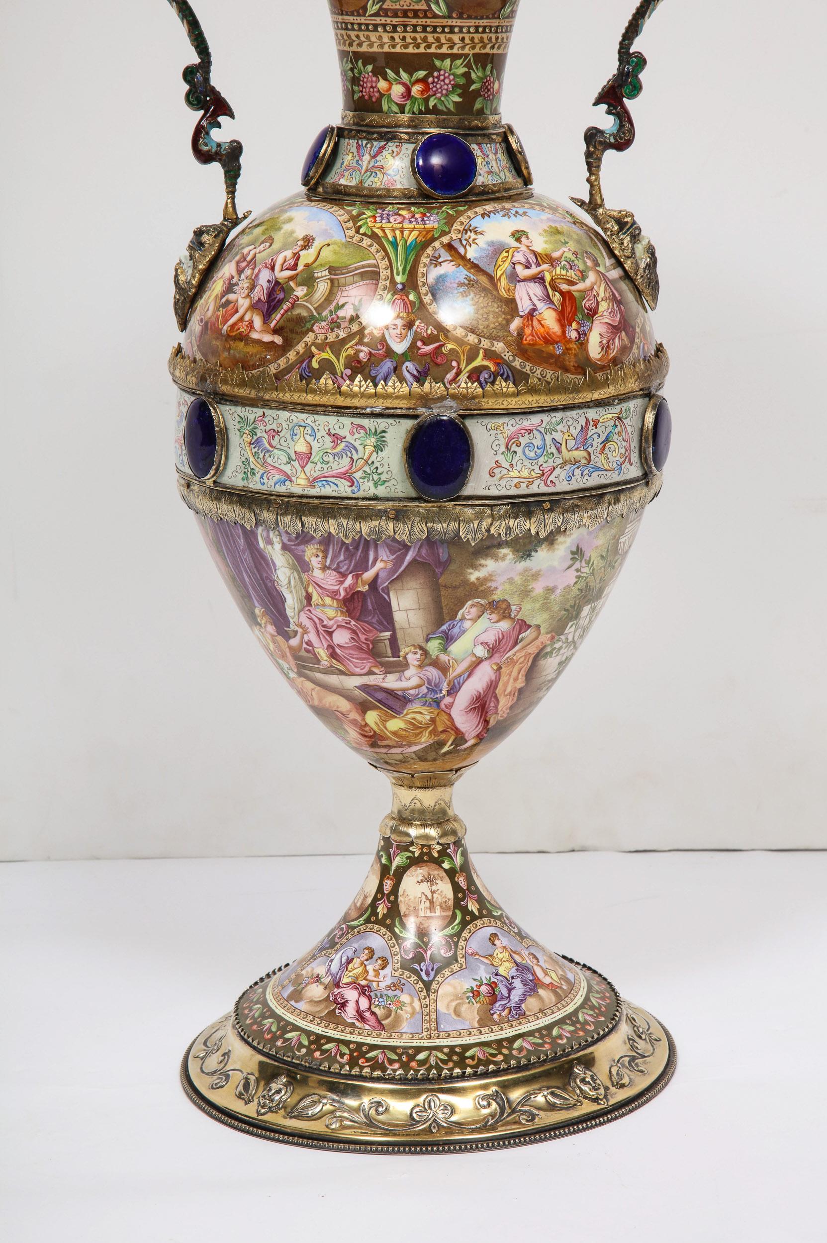 Extremely Large Austrian Silver and Viennese Enamel Twin Handled Vase, 1880 1