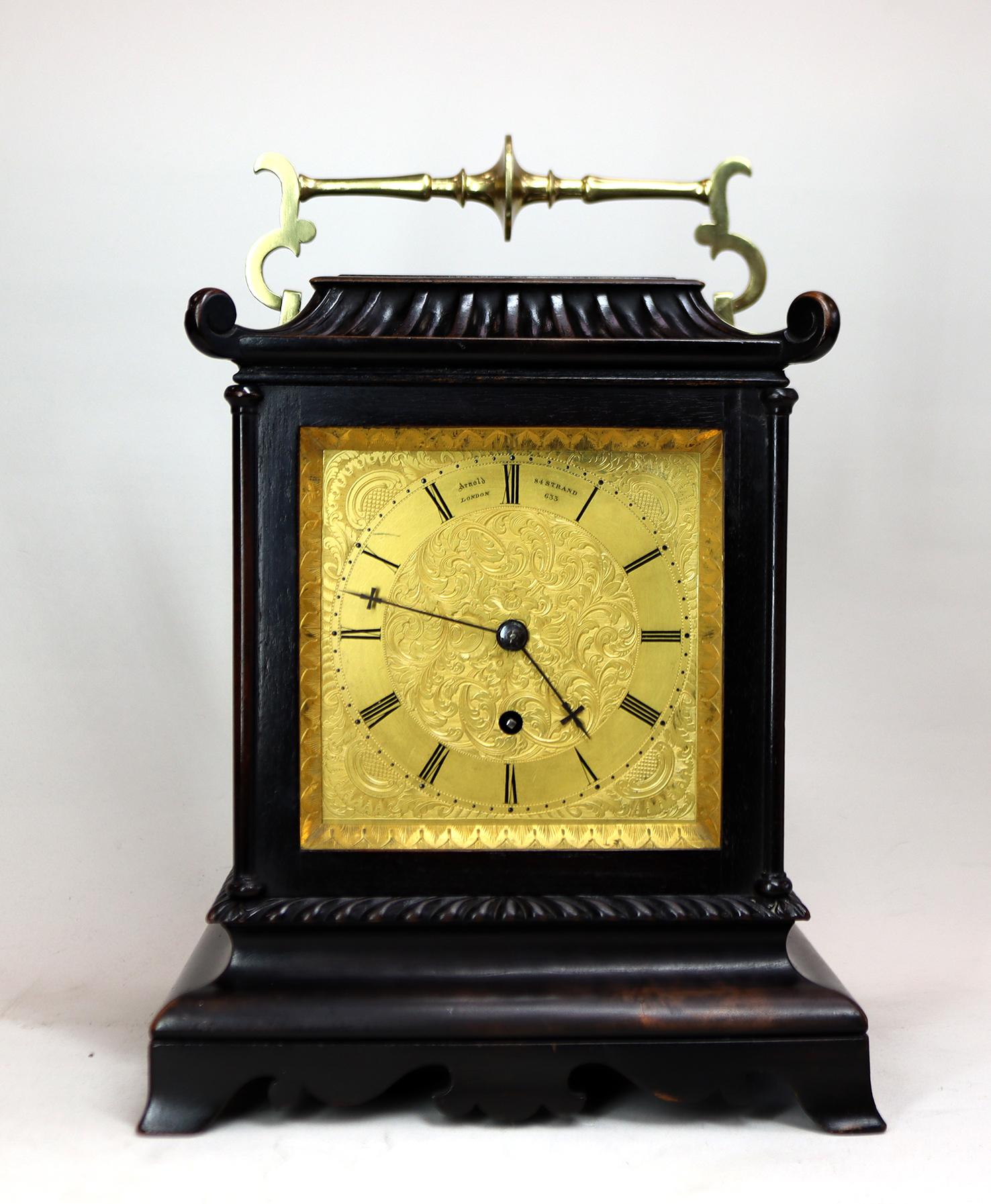 This exceptional carriage timepiece made by one of Englands greatest clockmakers is highly unusual. The single fusee eight day movement regulated by a large fully jewelled lever escapement with monometallic balance is of incredible quality. The