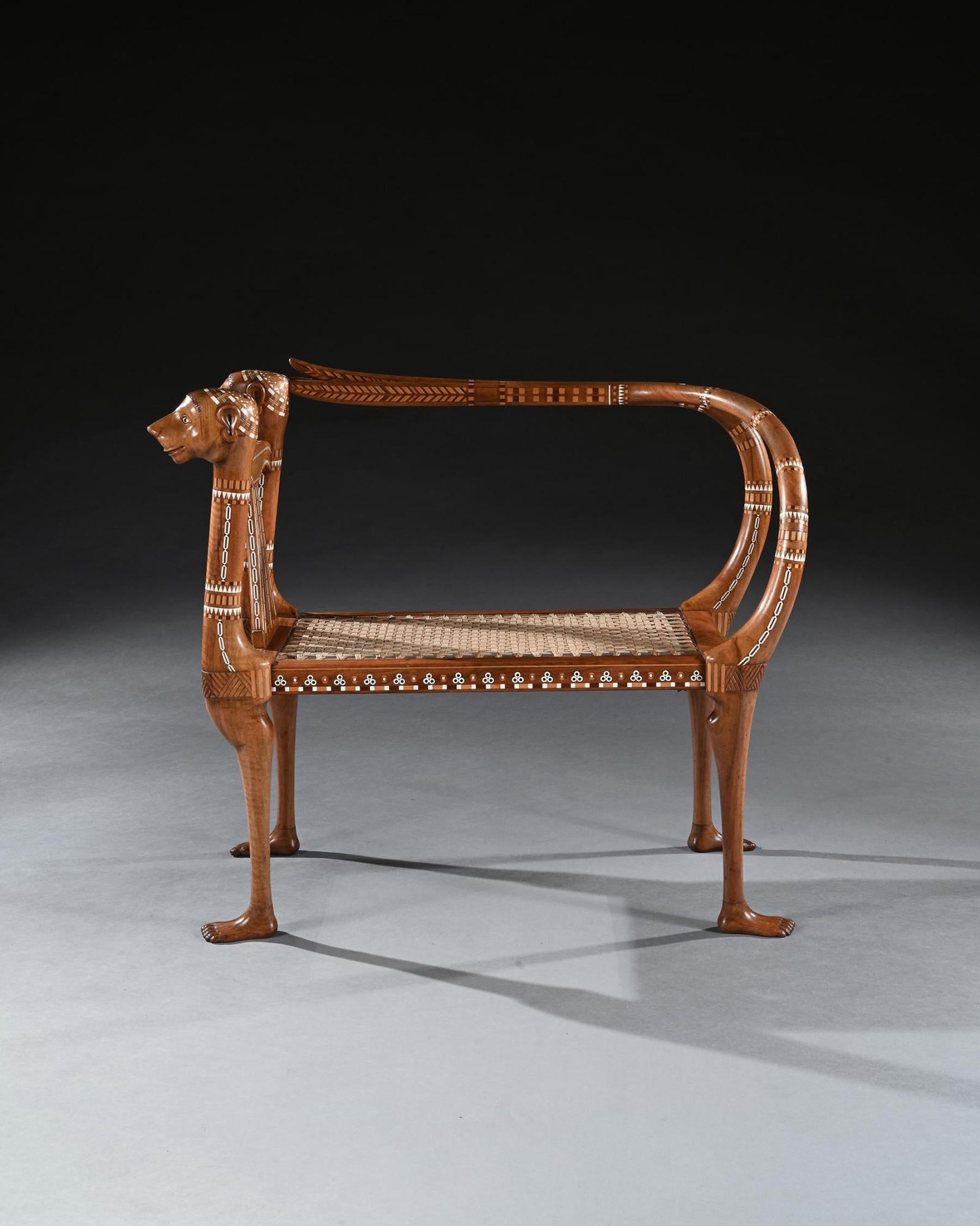 An Extremely Rare Exhibition Quality Egyptian Revival Walnut and Inlaid Bench For Sale 1