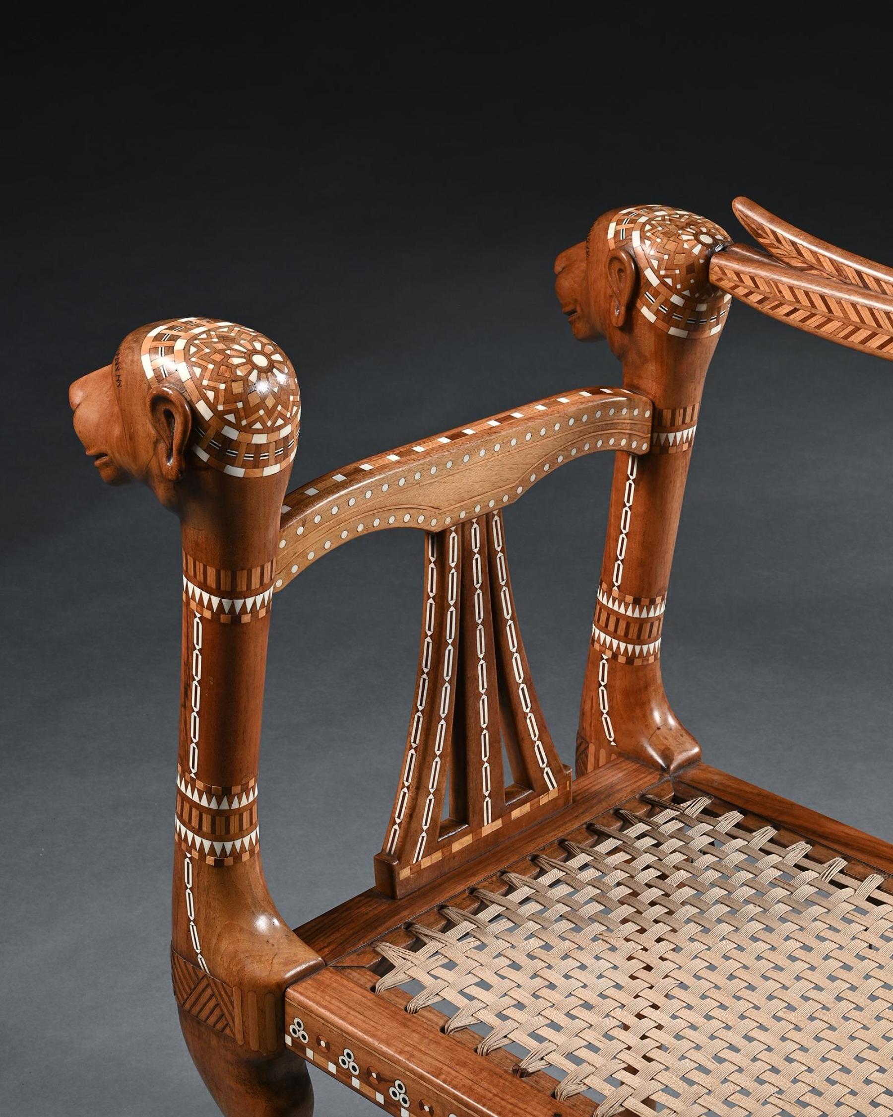 An Extremely Rare Exhibition Quality Egyptian Revival Walnut and Inlaid Bench For Sale 2