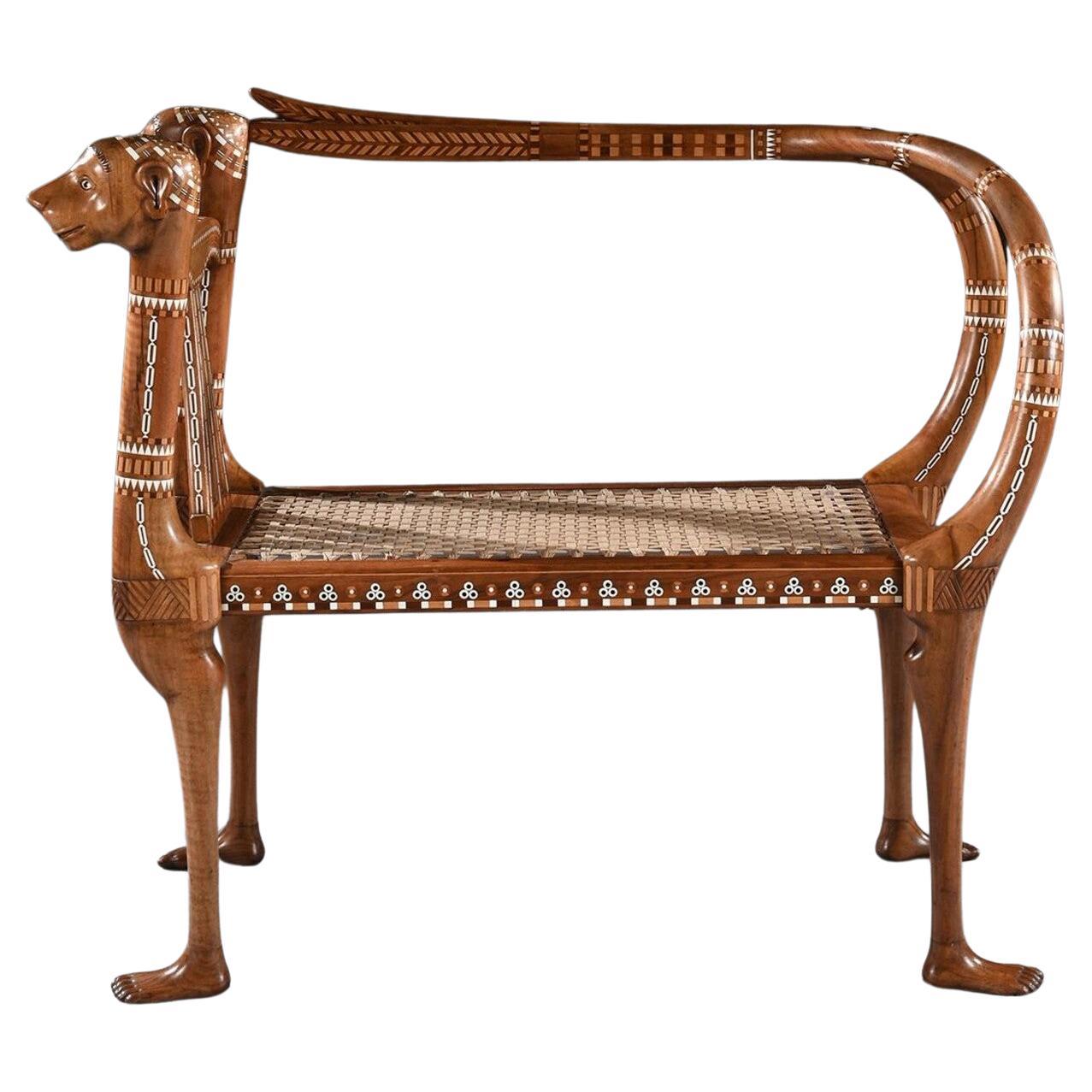 An Extremely Rare Exhibition Quality Egyptian Revival Walnut and Inlaid Bench For Sale