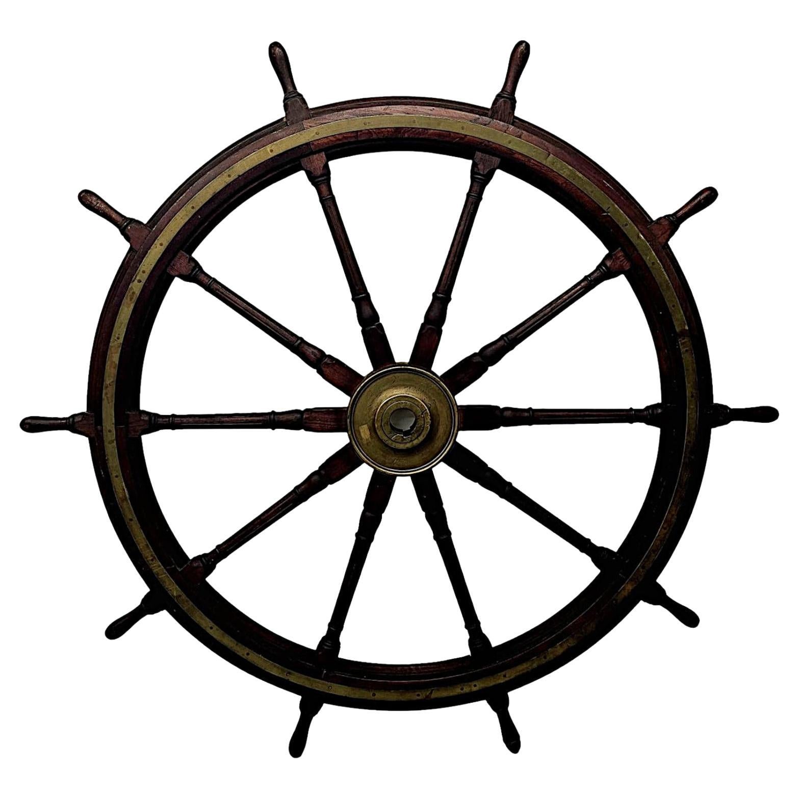 An Extremely Rare Massive 19th Century Oak and Brass Ships Wheel