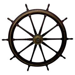 An Extremely Rare Massive 19th Century Oak and Brass Ships Wheel