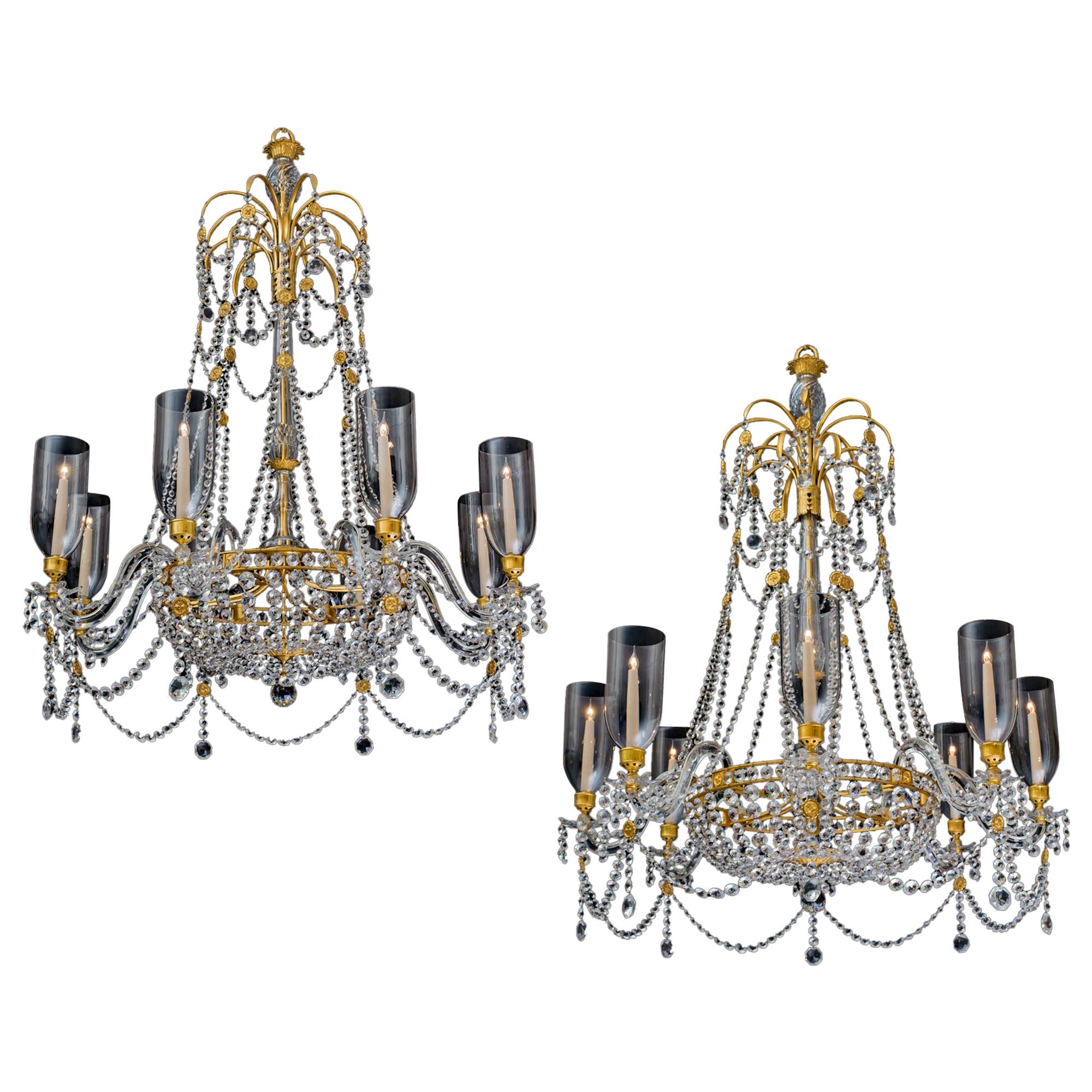 An Extremely Rare Pair of English Regency Period Chandeliers of Unusual Design For Sale