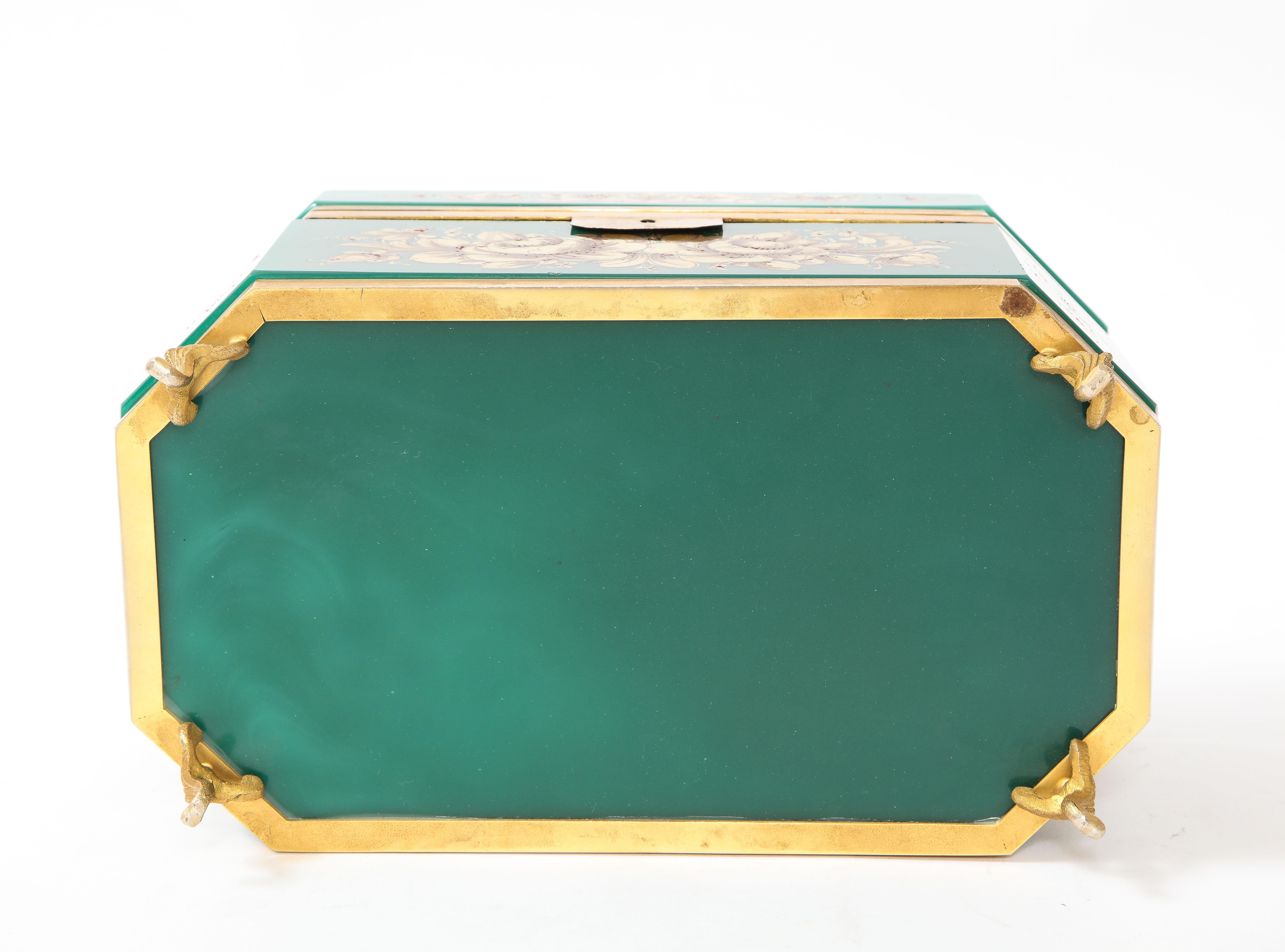 Extremley Large French Green Opaline & Bonze Jewelry Box w/ Raised 24-Karat Gold 5