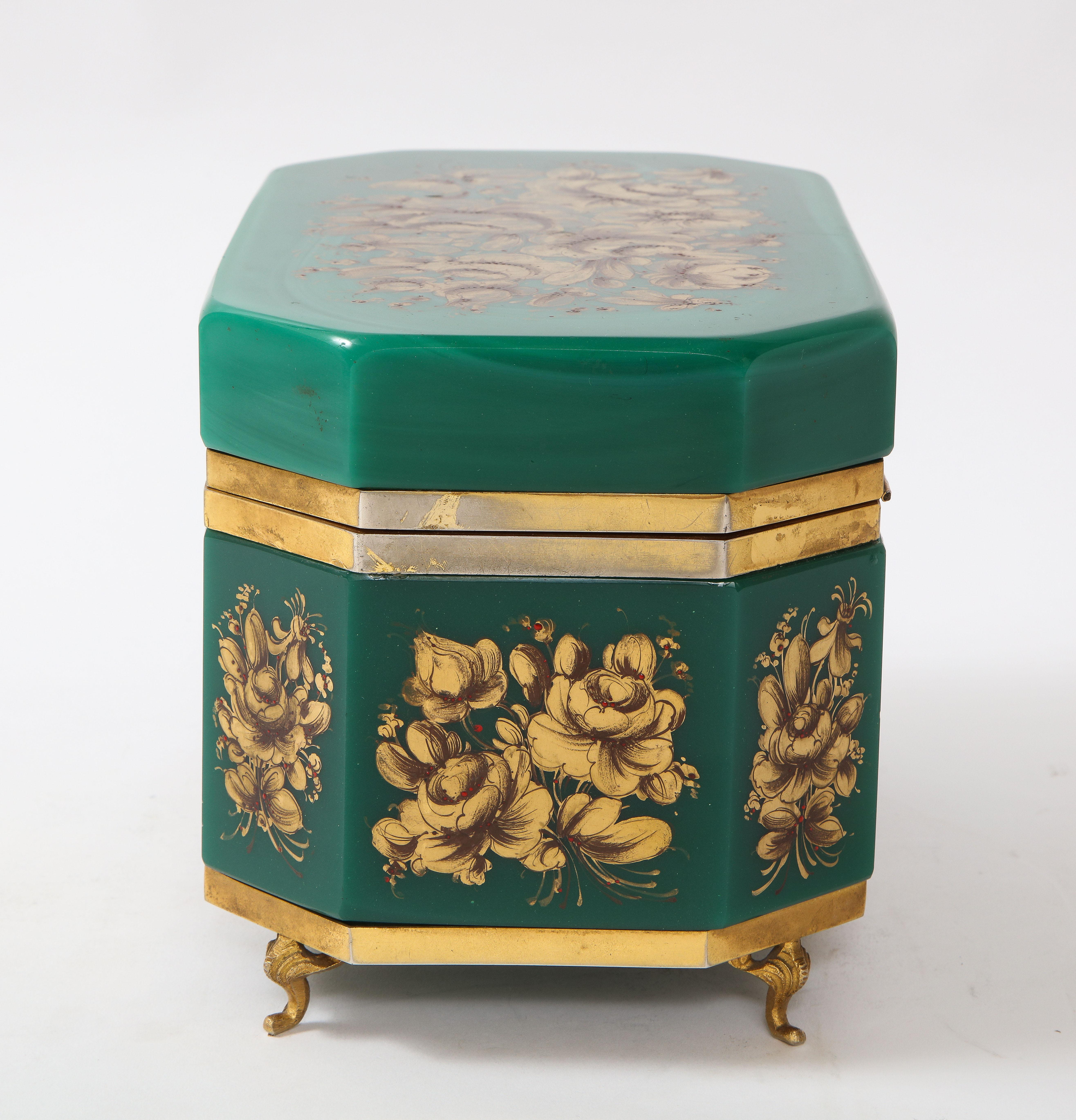 Louis XVI Extremley Large French Green Opaline & Bonze Jewelry Box w/ Raised 24-Karat Gold