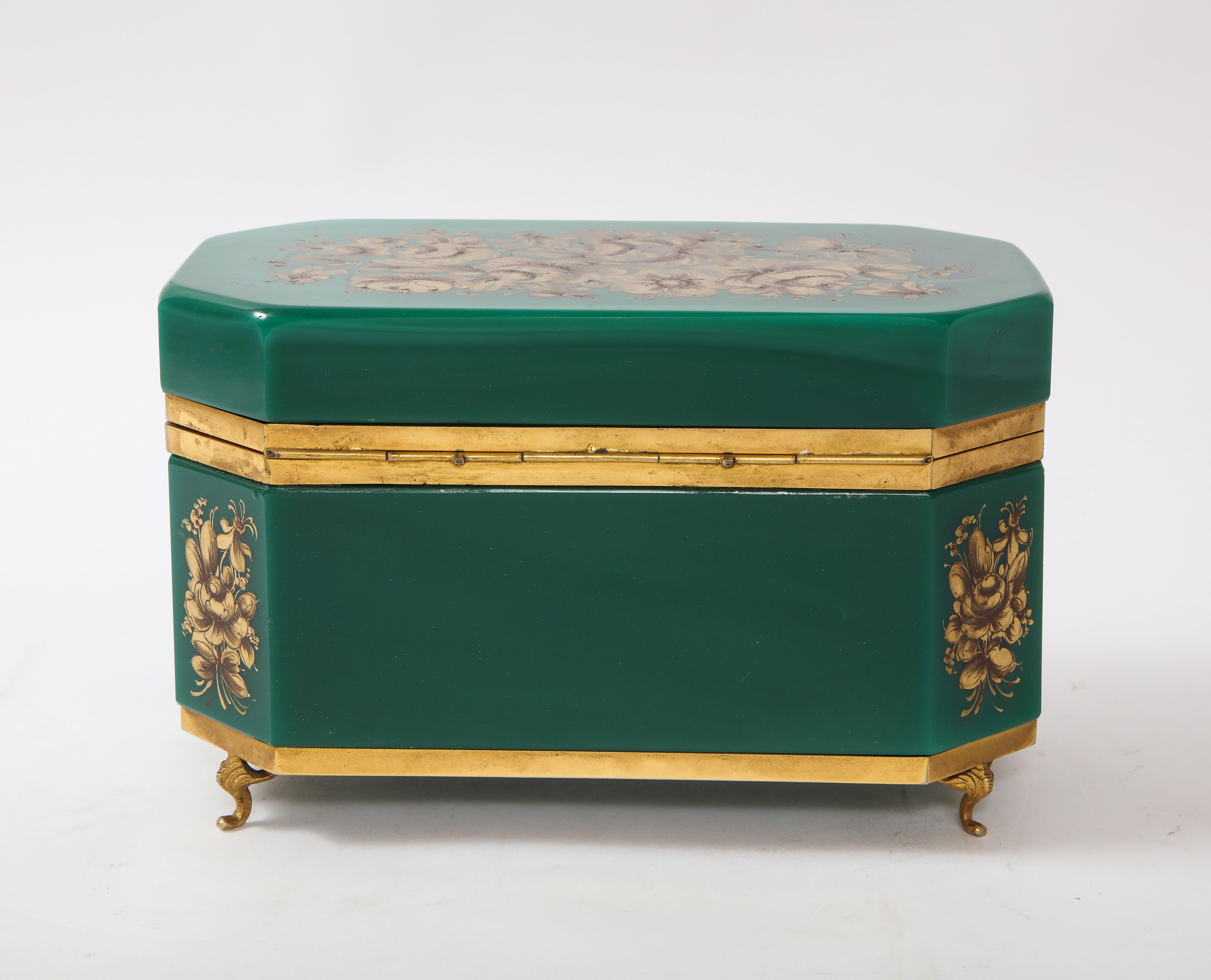 Hand-Carved Extremley Large French Green Opaline & Bonze Jewelry Box w/ Raised 24-Karat Gold