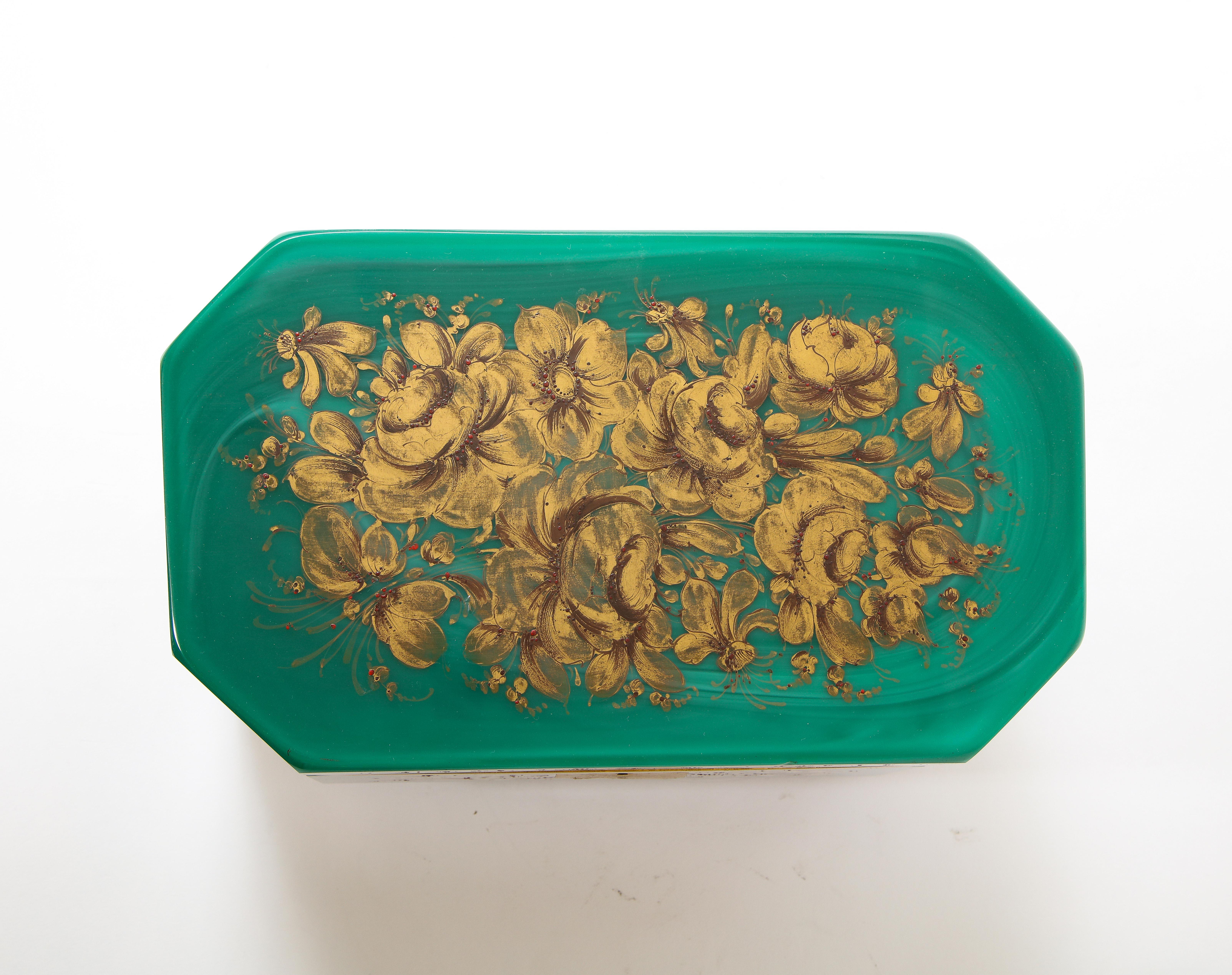 Extremley Large French Green Opaline & Bonze Jewelry Box w/ Raised 24-Karat Gold In Good Condition In New York, NY