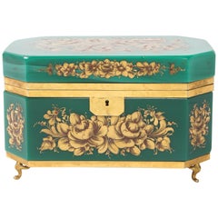 Extremley Large French Green Opaline & Bonze Jewelry Box w/ Raised 24-Karat Gold