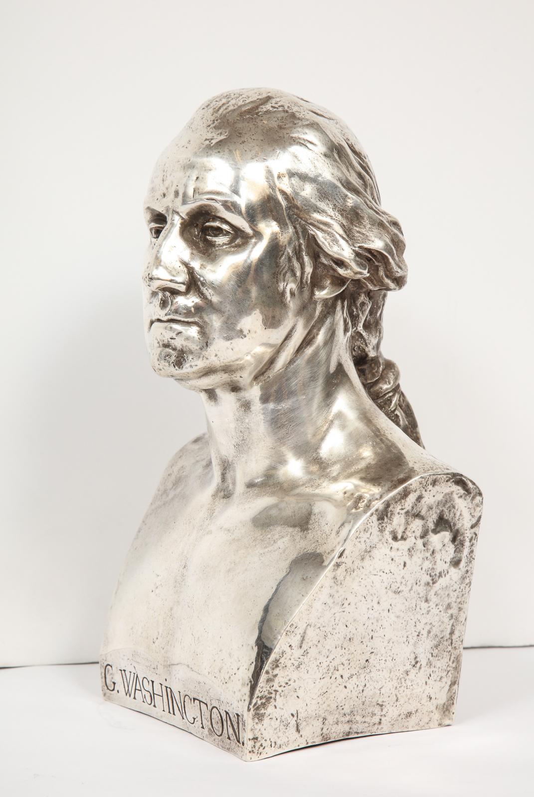 Napoleon III Extremley Rare Silvered Metal Bust of George Washington by F. Barbedienne