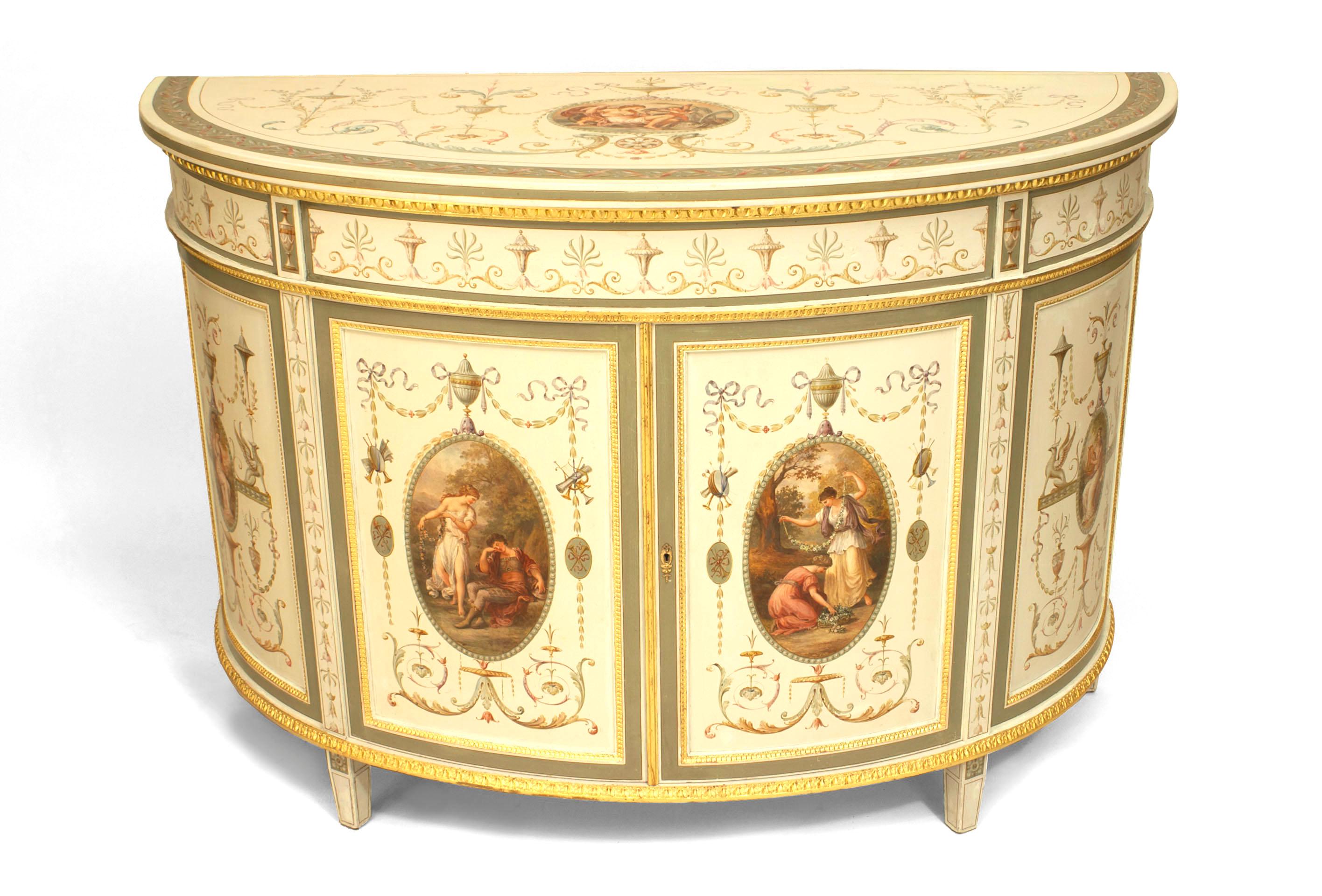 English Adam style (circa 1880) 2 door cream painted demilune shaped 2 door cabinet adorned with classical figures and motifs. (In the style of of ANGELICA KAUFFMAN).
