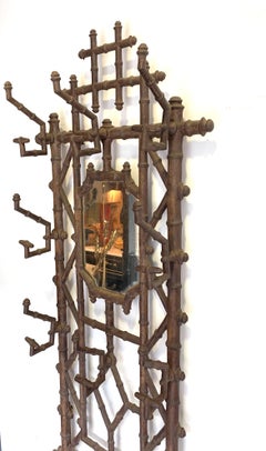 French Art Nouveau Faux Bamboo Cast Iron Coat Rack with Original Mirror Plate