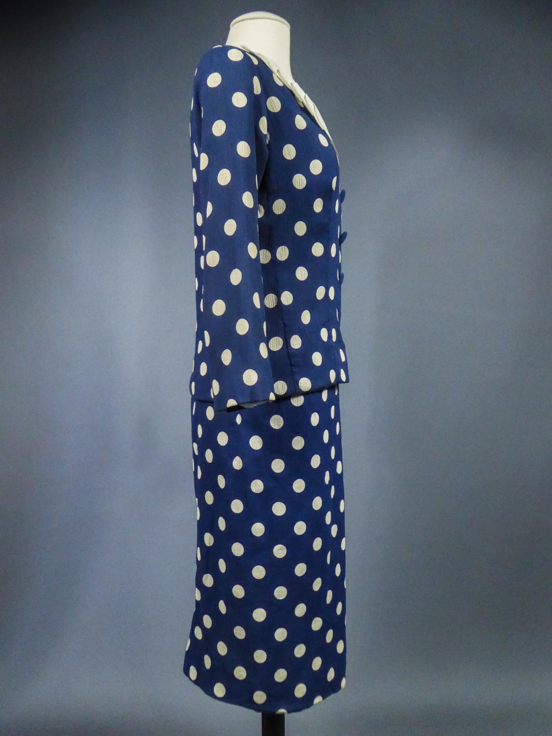 An French Skirt Suit in Polkadot Silk Crepe By F. Dubois Circa 1965 For Sale 5