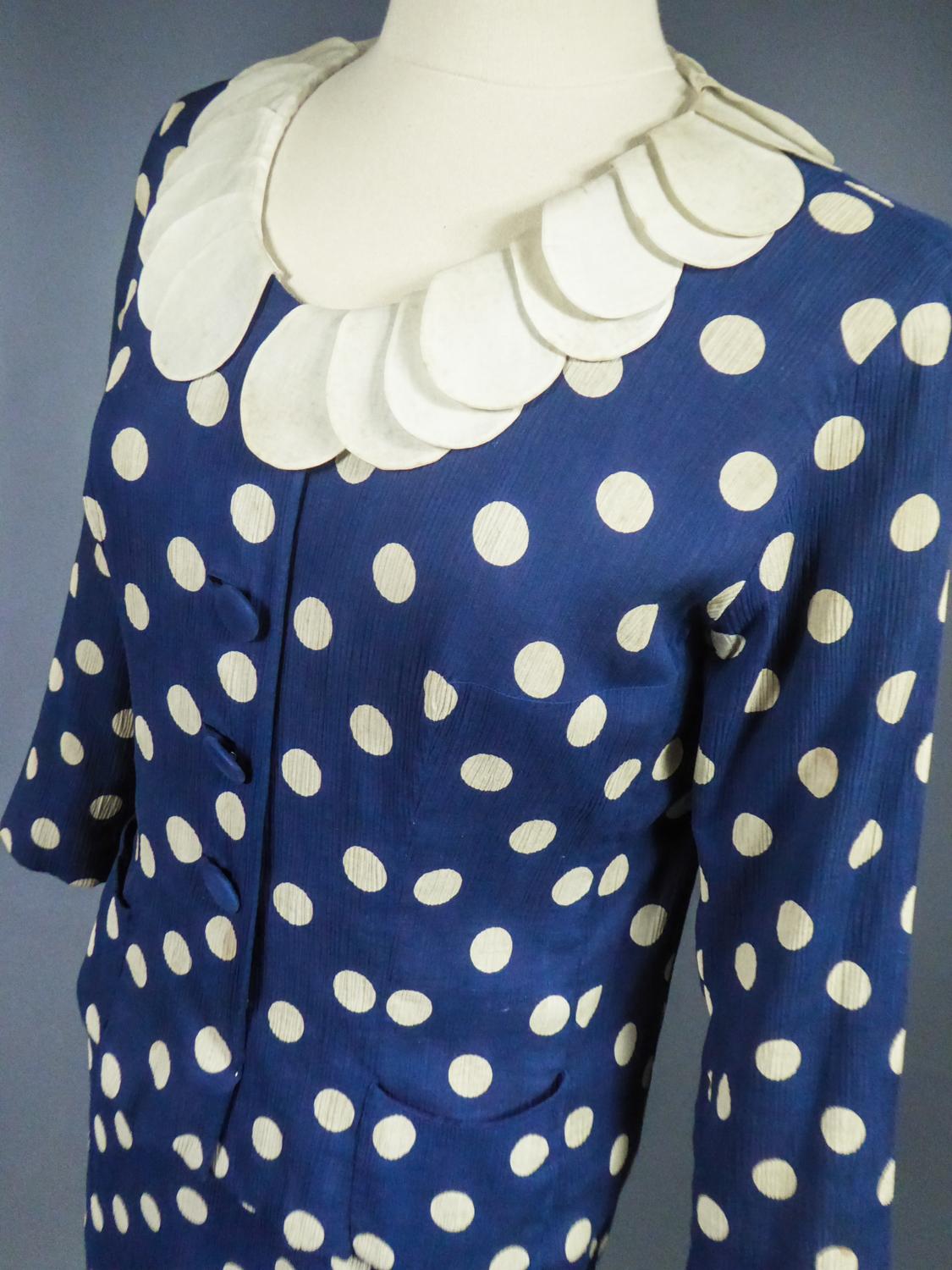An French Skirt Suit in Polkadot Silk Crepe By F. Dubois Circa 1965 For Sale 11