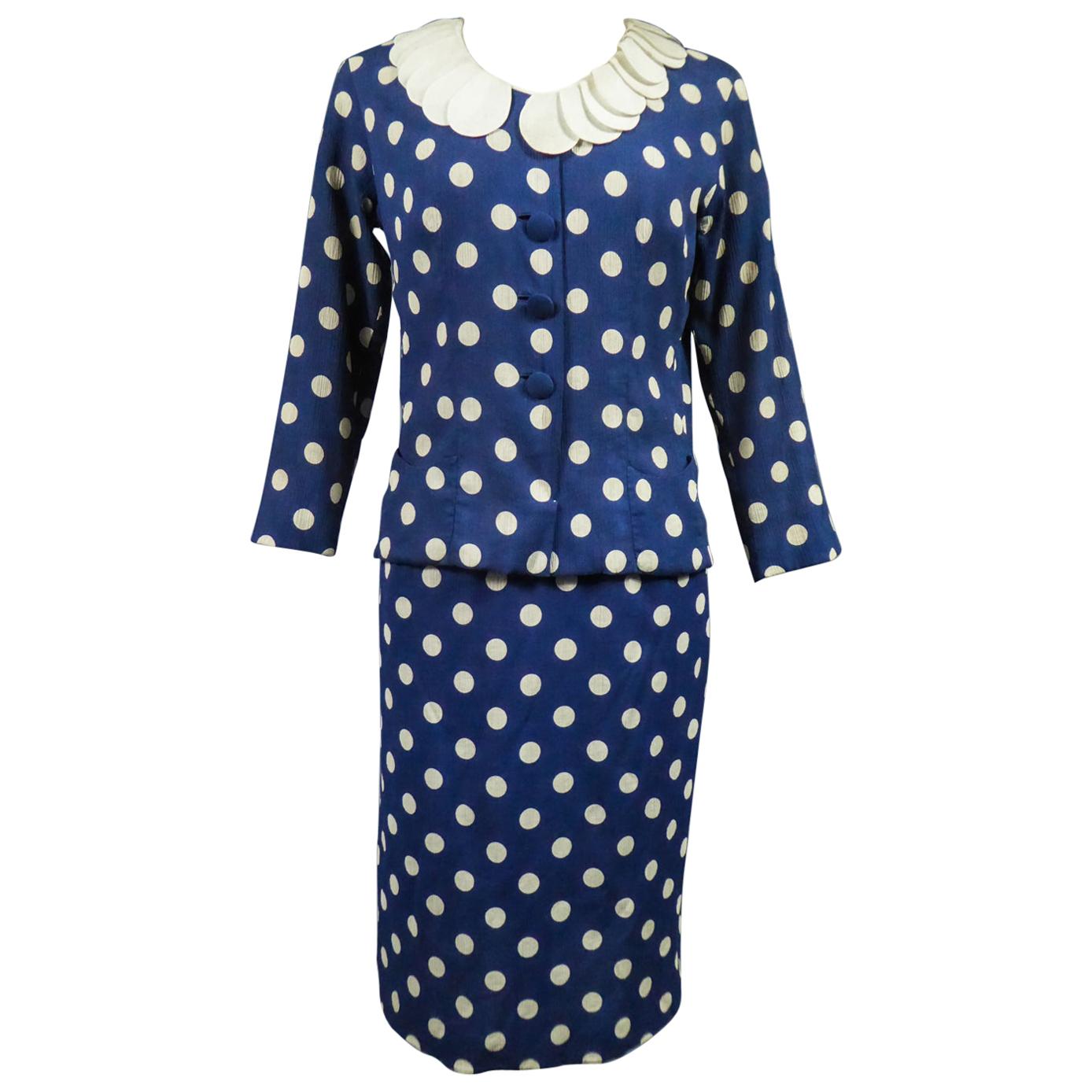 An French Skirt Suit in Polkadot Silk Crepe By F. Dubois Circa 1965