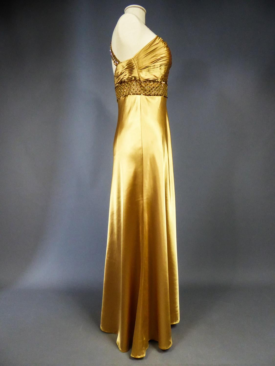 An French Evening Gown in Gold Embroidered Satin with Sequins Circa 1980 2