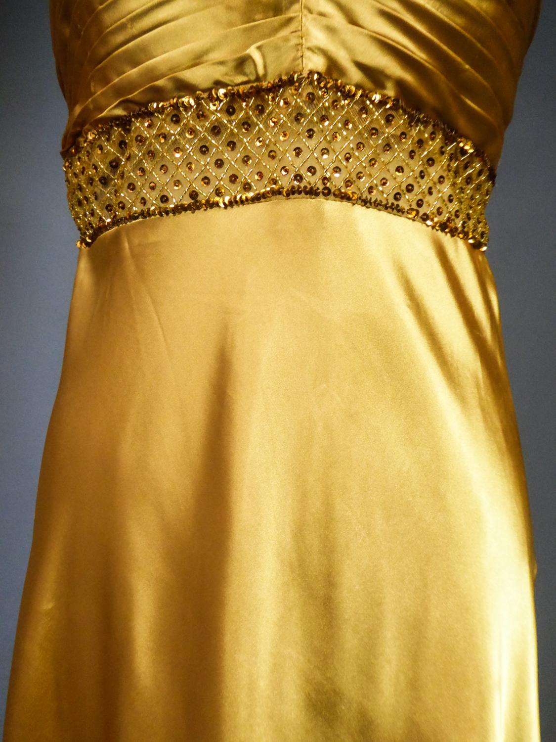Brown An French Evening Gown in Gold Embroidered Satin with Sequins Circa 1980