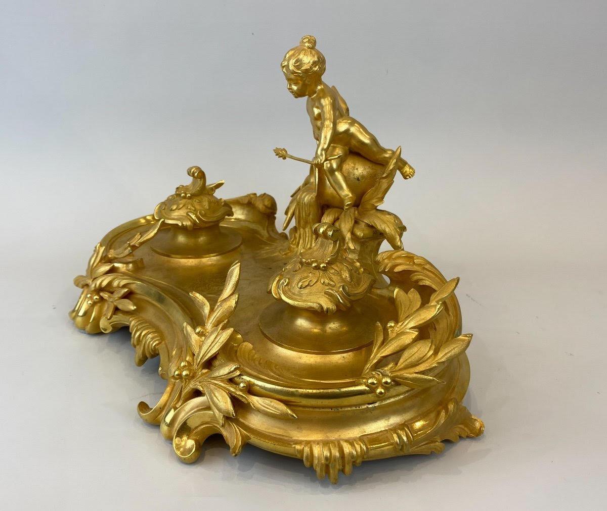 Tintero de bronce dorado del siglo XIX, época de Napoleón III. Dorado en venta