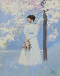 "Spring Reflection", An He, Impressionistic Figurative Original Oil, 40x30 in.