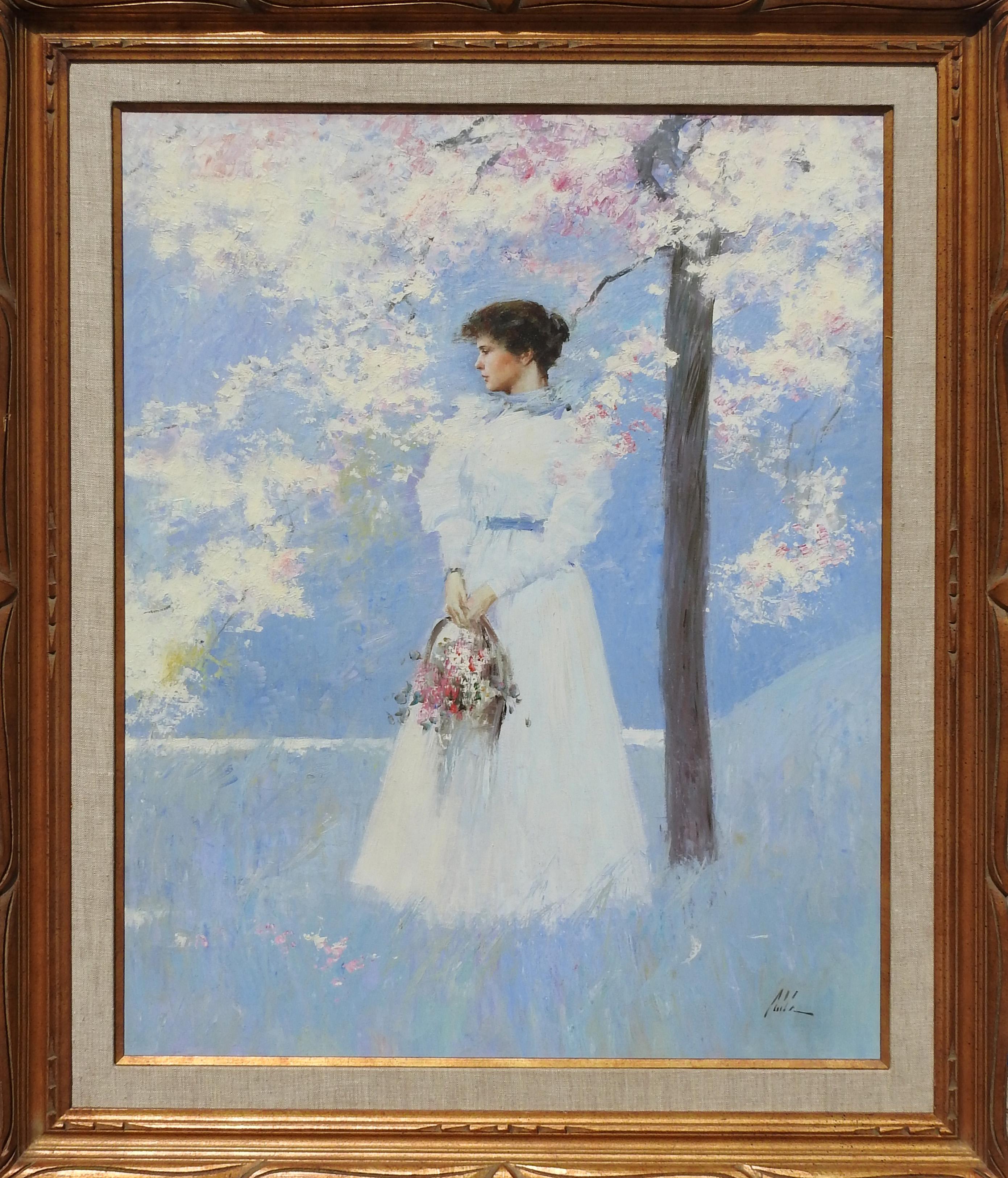 "Riflesso di primavera", An He, olio impressionistico figurativo originale, 40x30 pollici.