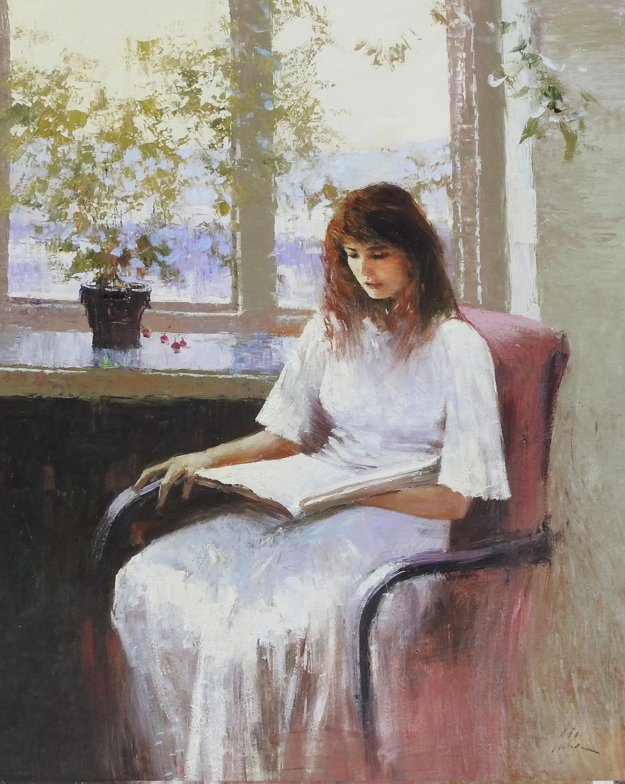 An He Portrait Painting – ""Woman Reading"", Ein impressionistisches Porträt, Original, Öl auf Leinwand, 40x30 