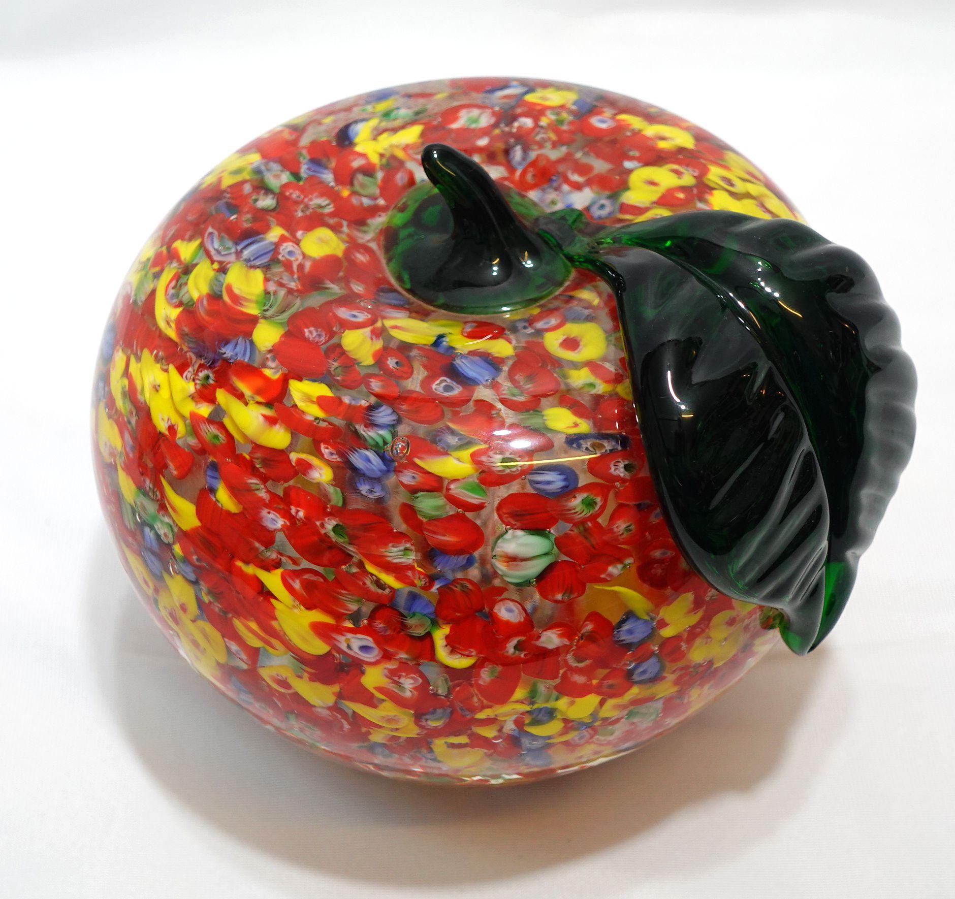 This is a Large solid and Heavy Murano Hand Blown Big Apple Art Glass with colorful Murrine on the entire body, green stem, and a leaf on the top.