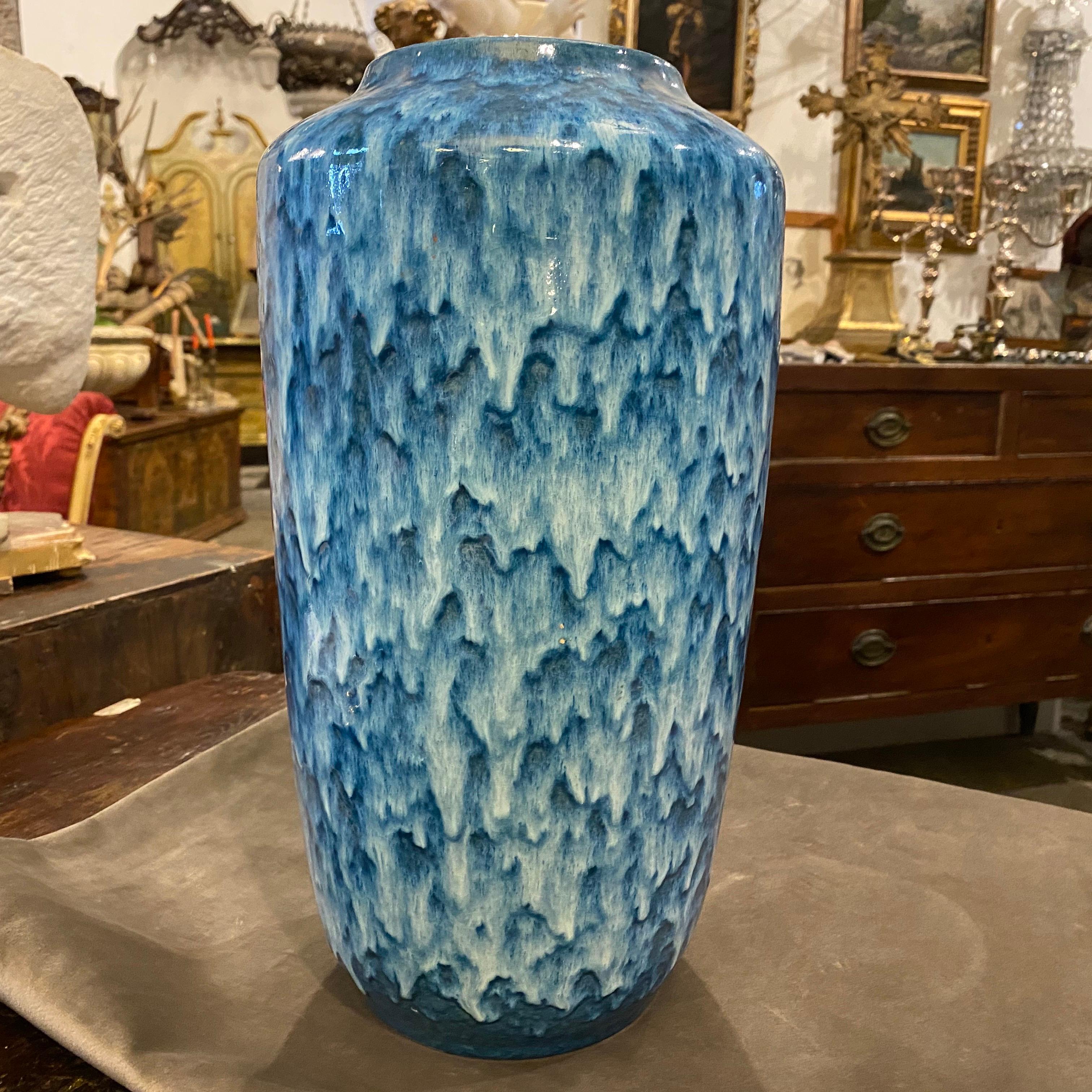 Unusual Huge Scheurich Blue and White Fat Lava Ceramic German Vase, circa 1970 4