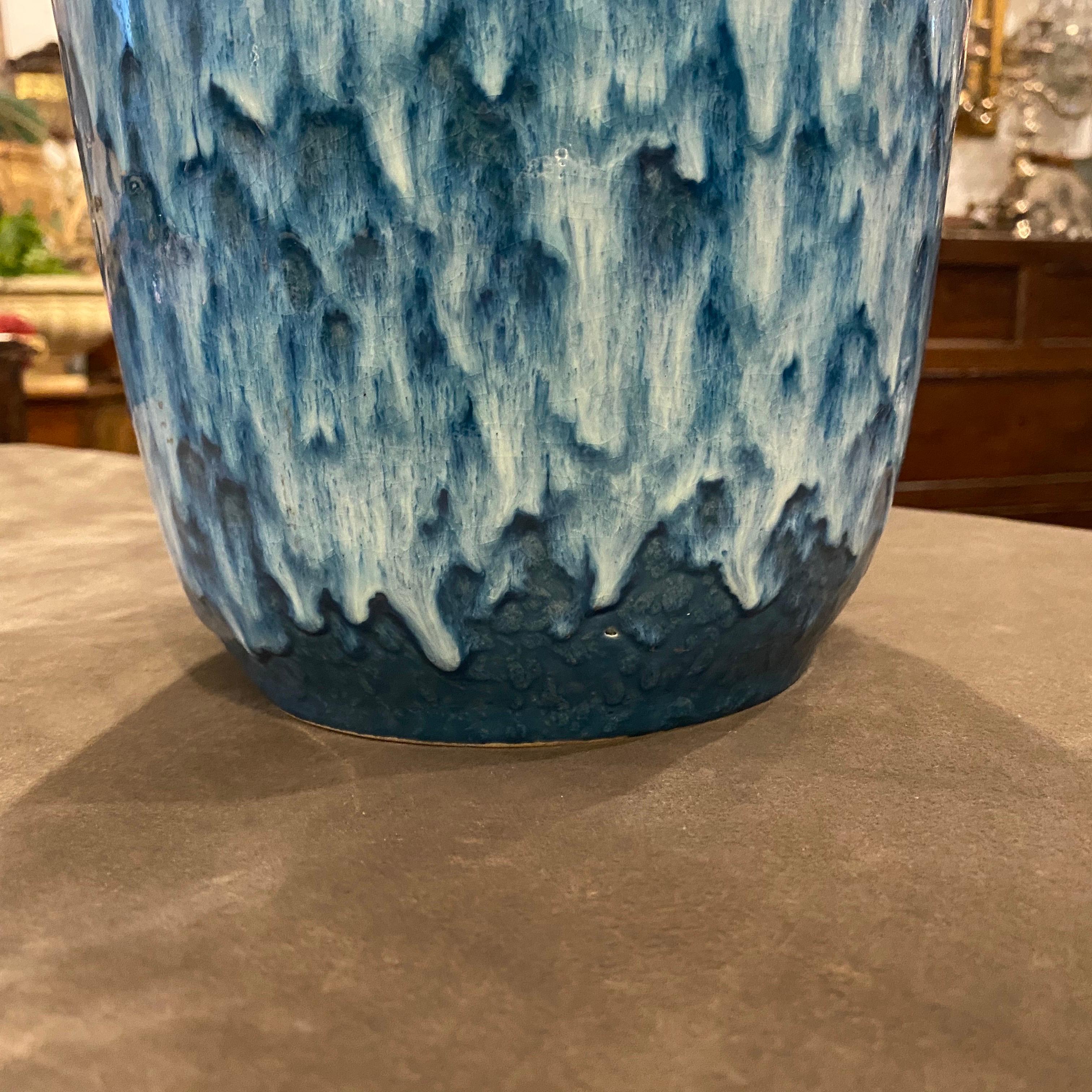 A big blue ceramic vase by German manufacturer Scheurich, made in Germany in the 1970s in perfect conditions. It's marked on the bottom West Germany.