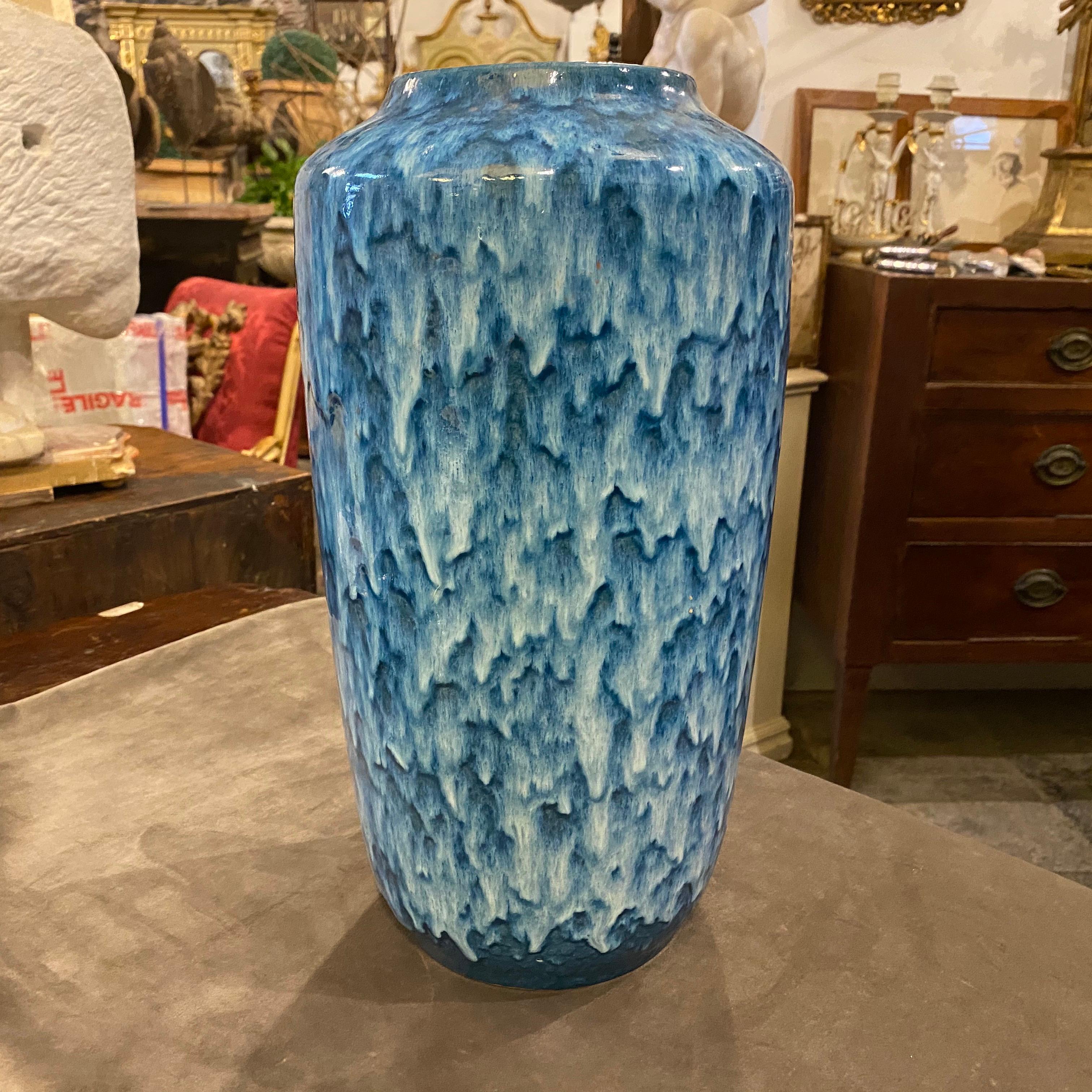 Hand-Painted Unusual Huge Scheurich Blue and White Fat Lava Ceramic German Vase, circa 1970