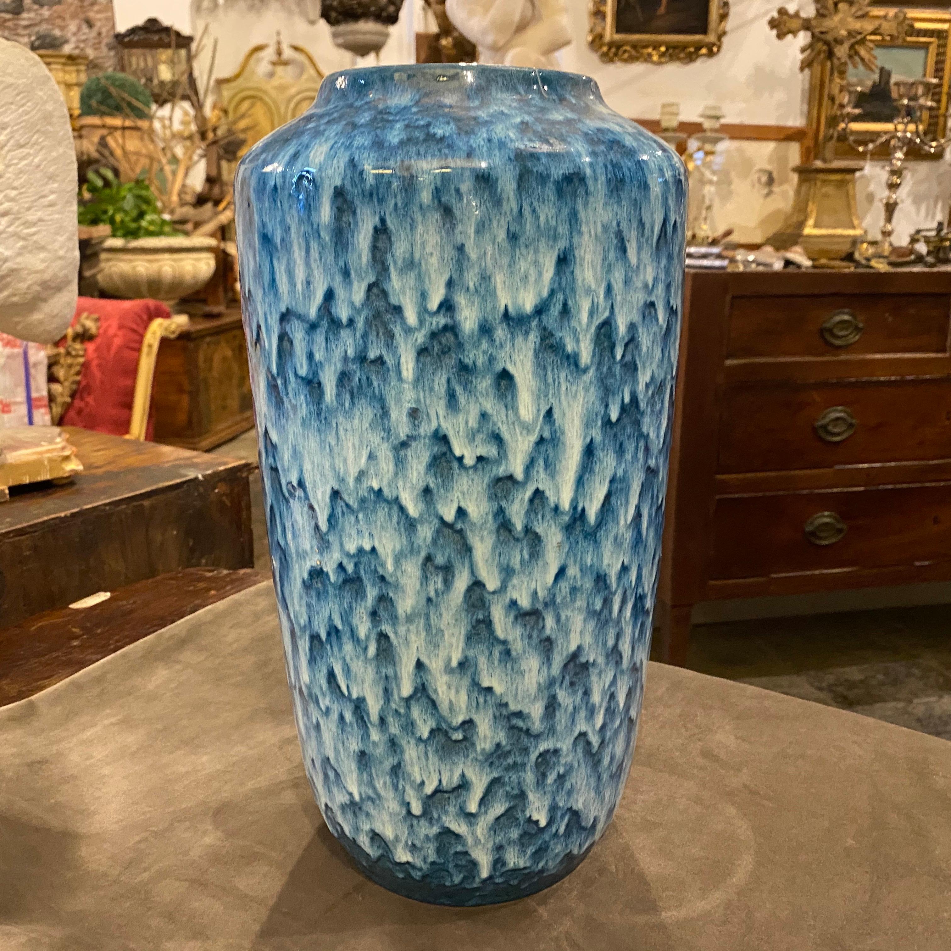 20th Century Unusual Huge Scheurich Blue and White Fat Lava Ceramic German Vase, circa 1970