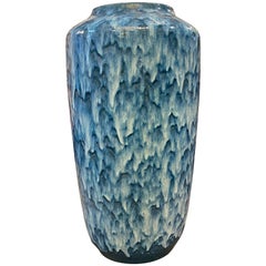 Unusual Huge Scheurich Blue and White Fat Lava Ceramic German Vase, circa 1970
