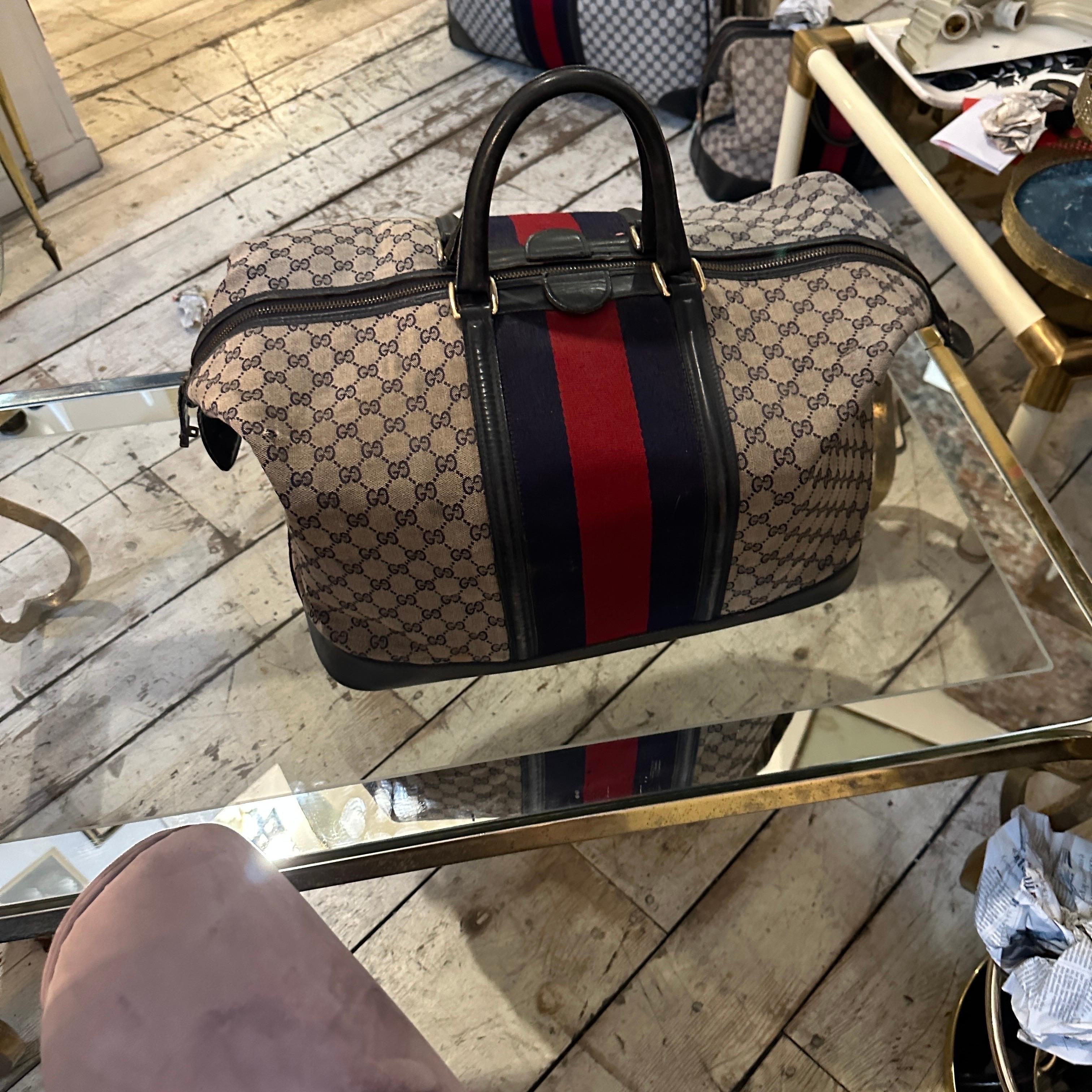 An Iconic 1980s Gucci Monogram Travel Bag with Signature Red and Blue Web Stripe 2