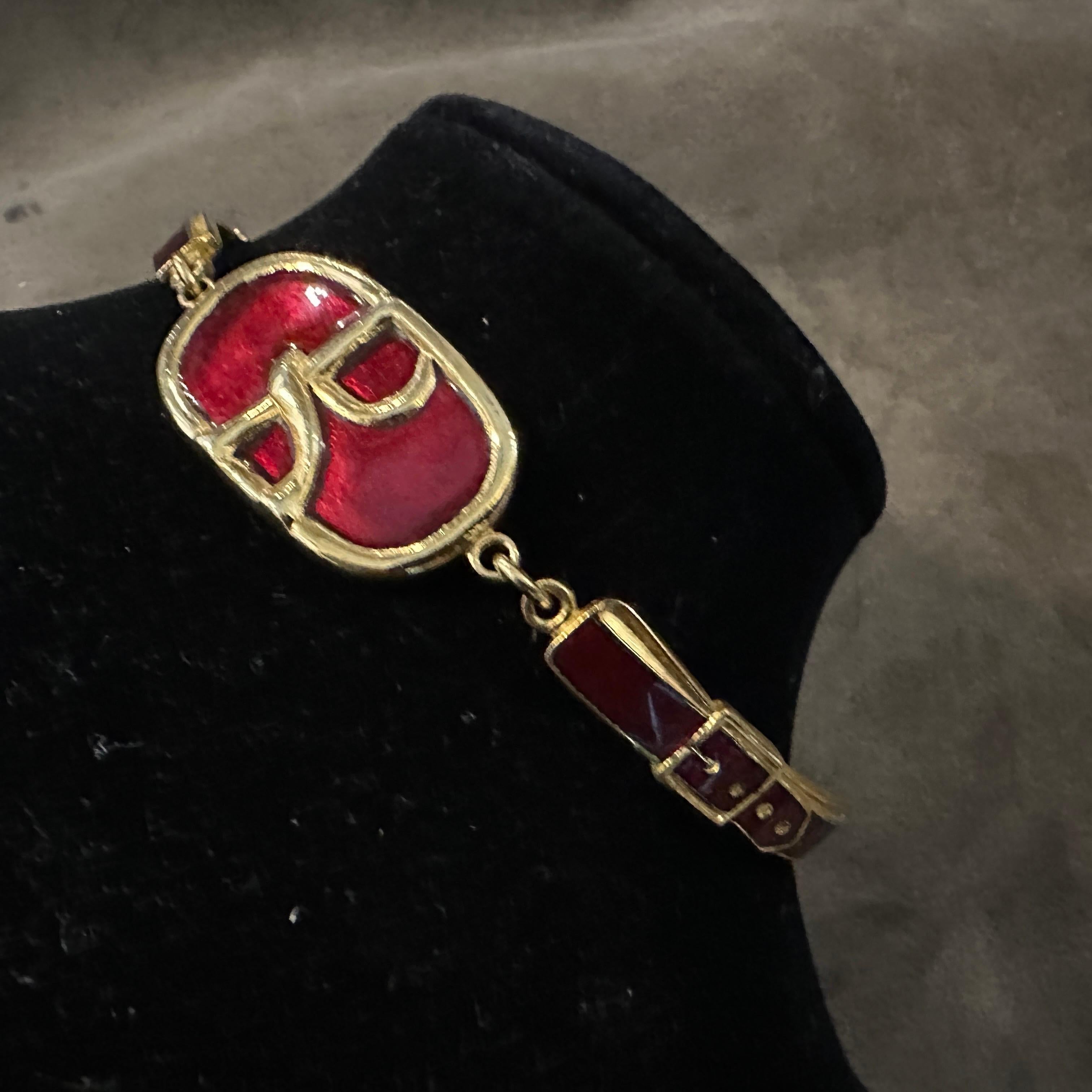 Retro An Iconic 1990s Brass and Red Enamel Bracelet by Roberta di Camerino For Sale