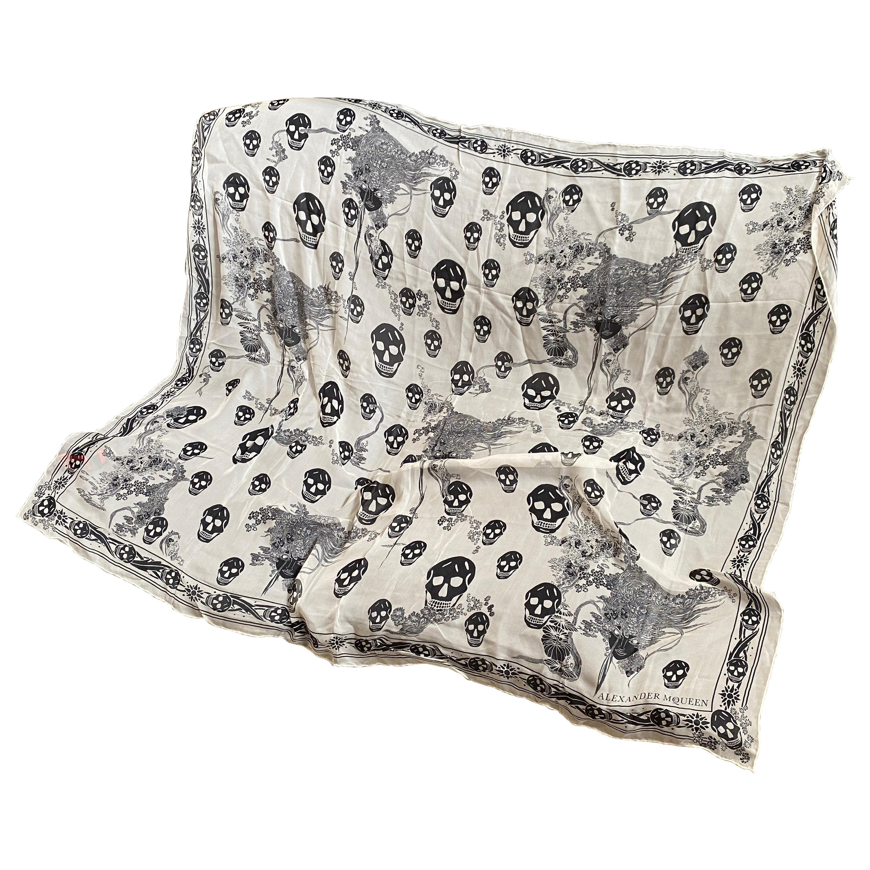 An Iconic Alexander McQueen Black and white Skulls  Silk Scarf