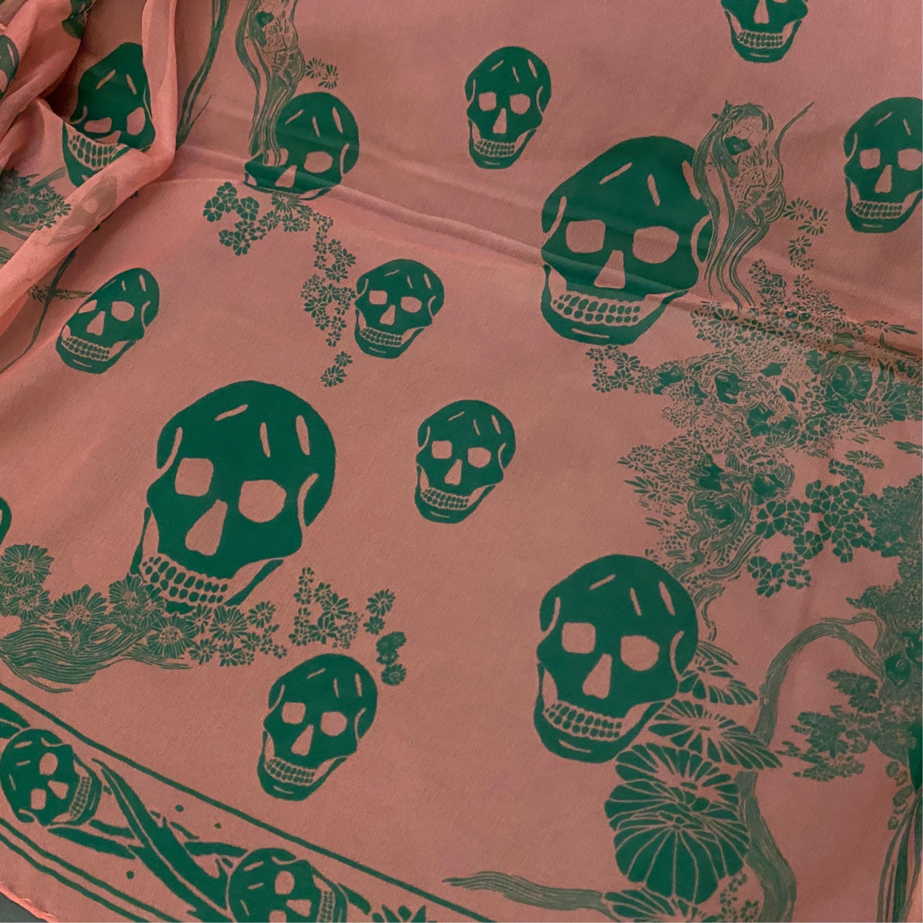 An Iconic Alexander McQueen Green and Pink Silk Skulls Foulard  For Sale 2