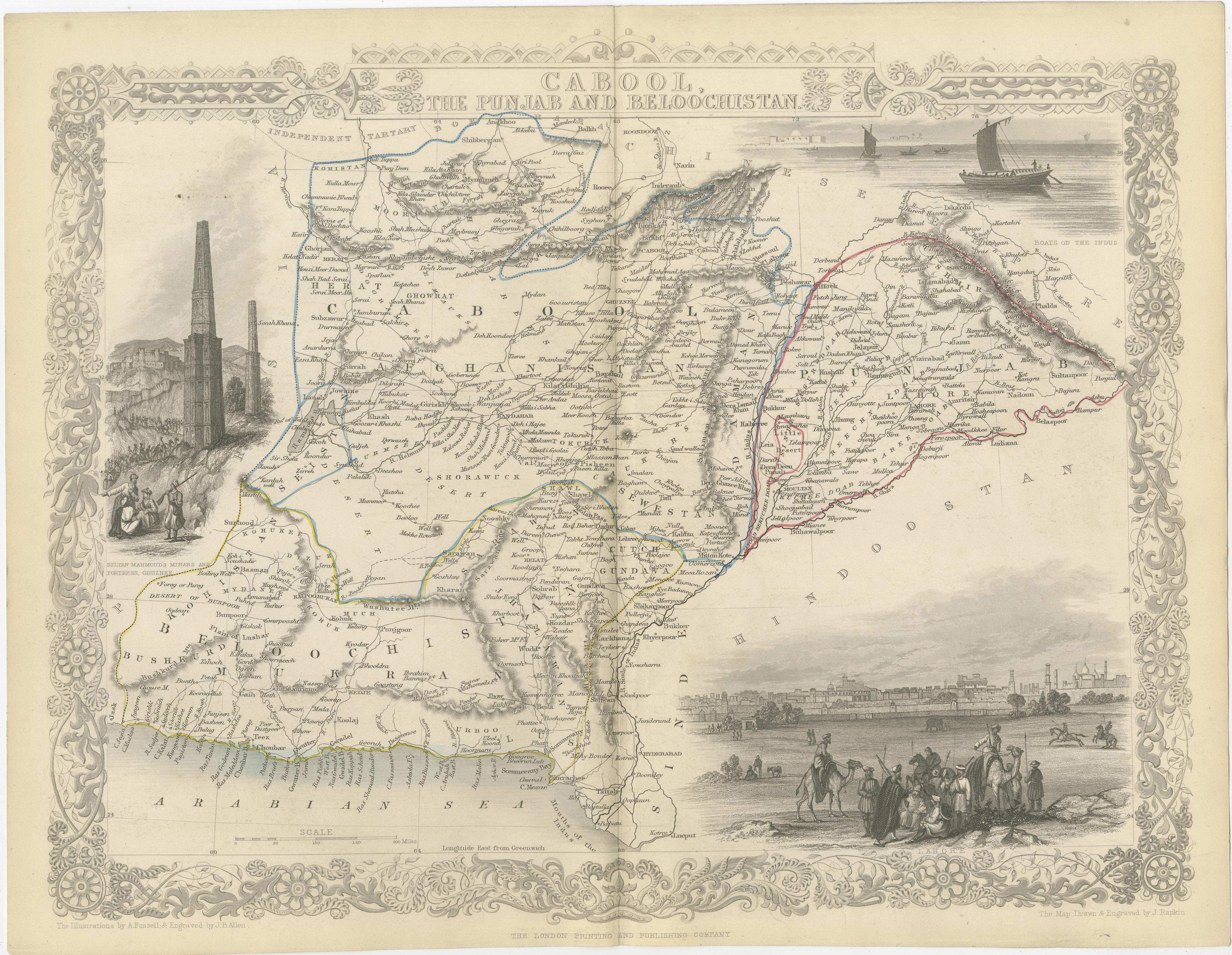 Paper An Illustrated Map of Kabul, Punjab, and Baluchistan by Tallis, 1851 For Sale
