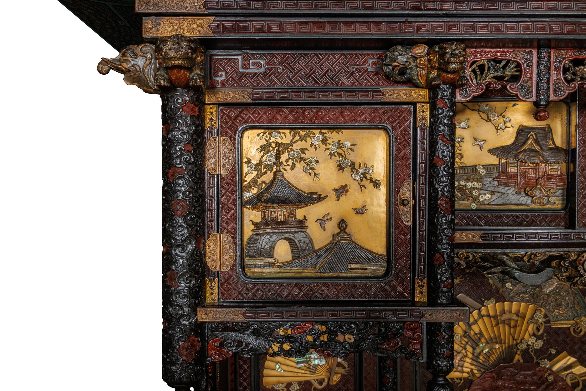 An Imperial Japanese Meiji Shibayama Tea Ceremony Cabinet by The Tokugawa Samurai Clan.

This extraordinary Meiji-period shibayama cabinet, attributed to the Tokugawa samurai clan, stands as a masterful example of Japanese craftsmanship and cultural