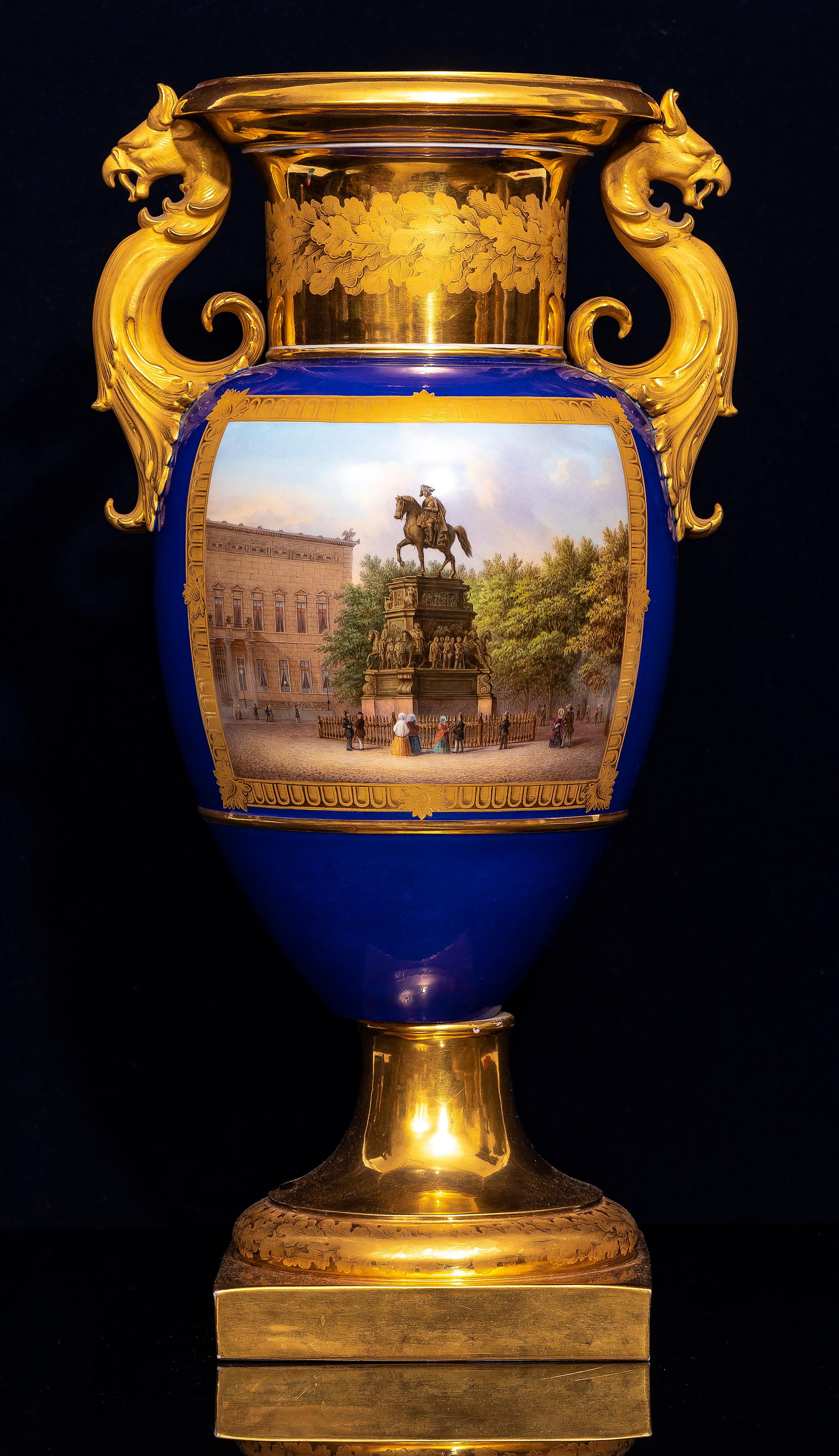 A 19th Century Imperial KPM Cobalt Blue-Ground Topographical Vase, Frederick the Great Scene.  This monumental cobalt blue-ground porcelain vase was produced by the Königliche Porzellan-Manufaktur (KPM) in Berlin and bears the underglaze blue