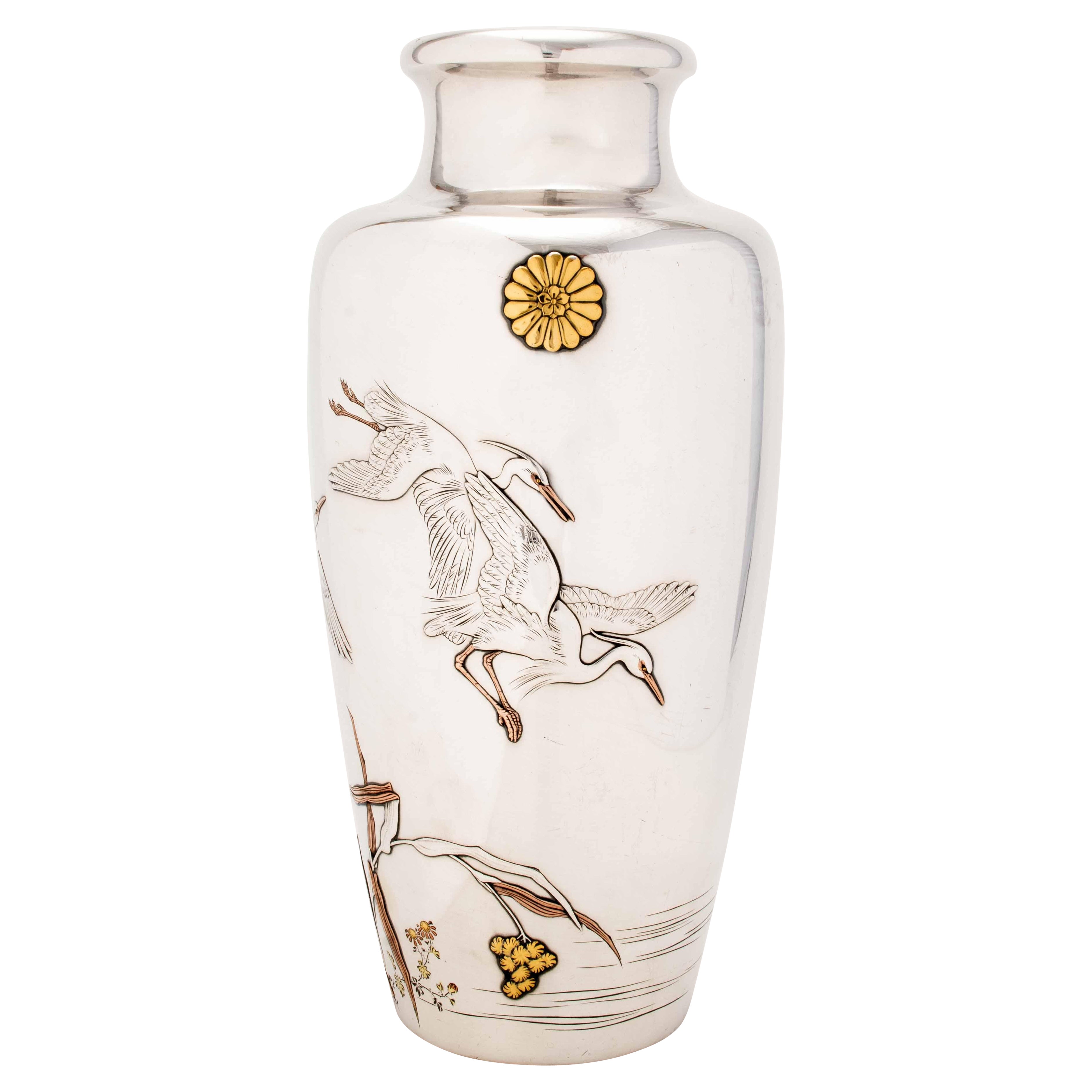 An imperial silver vase with egrets in flight signed Shoshu Sai