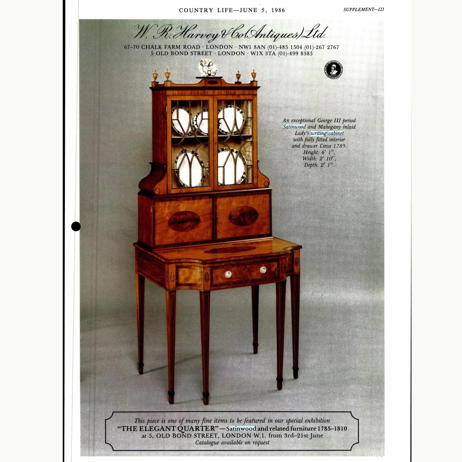 English  An Important 18th Century George Iii Satinwood and Sabicu Writing Cabinet For Sale