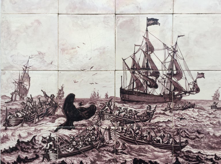 Dutch Important 18th Century Tile Panel Depicting the Whale Hunt