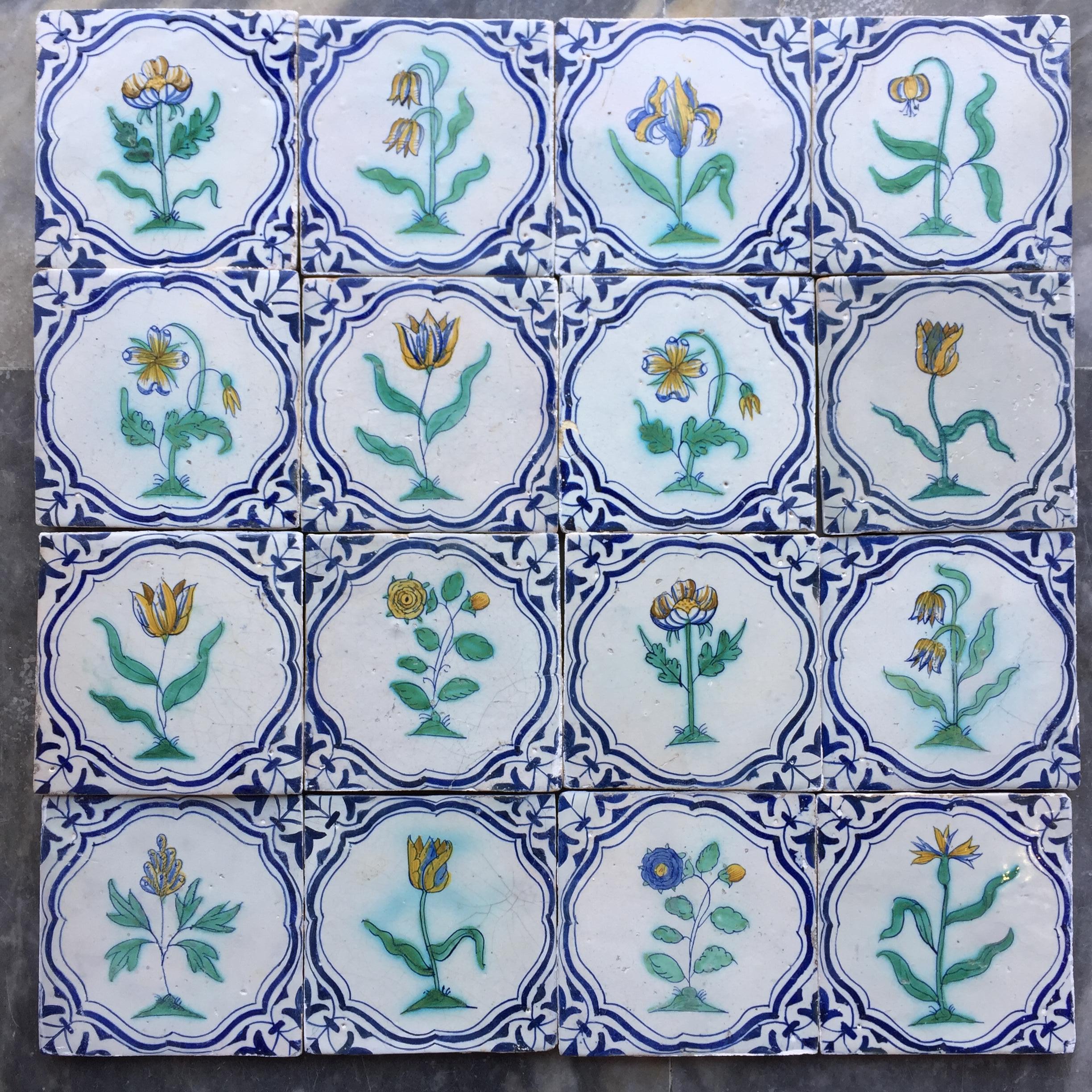 An important and extremely rare set of polychrome Dutch Delft tiles with flowers.
The Netherlands, Rotterdam.
Made circa 1620 - 1640.

This is the only known set of tiles of this design combined with the decoration of single polychrome flowers.