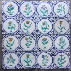 Important and Rare Set of Dutch Delft Tiles with Flowers, Early 17th Century