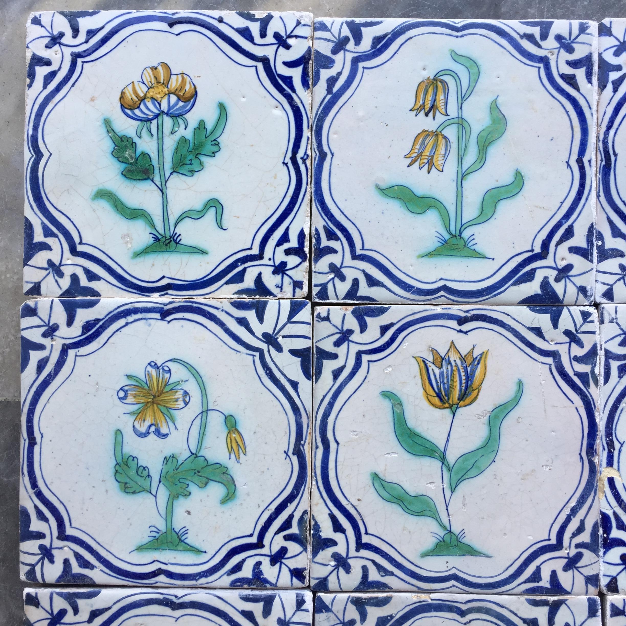 Hand-Painted Important and Rare Set of Dutch Delft Tiles with Flowers, Early 17th Century