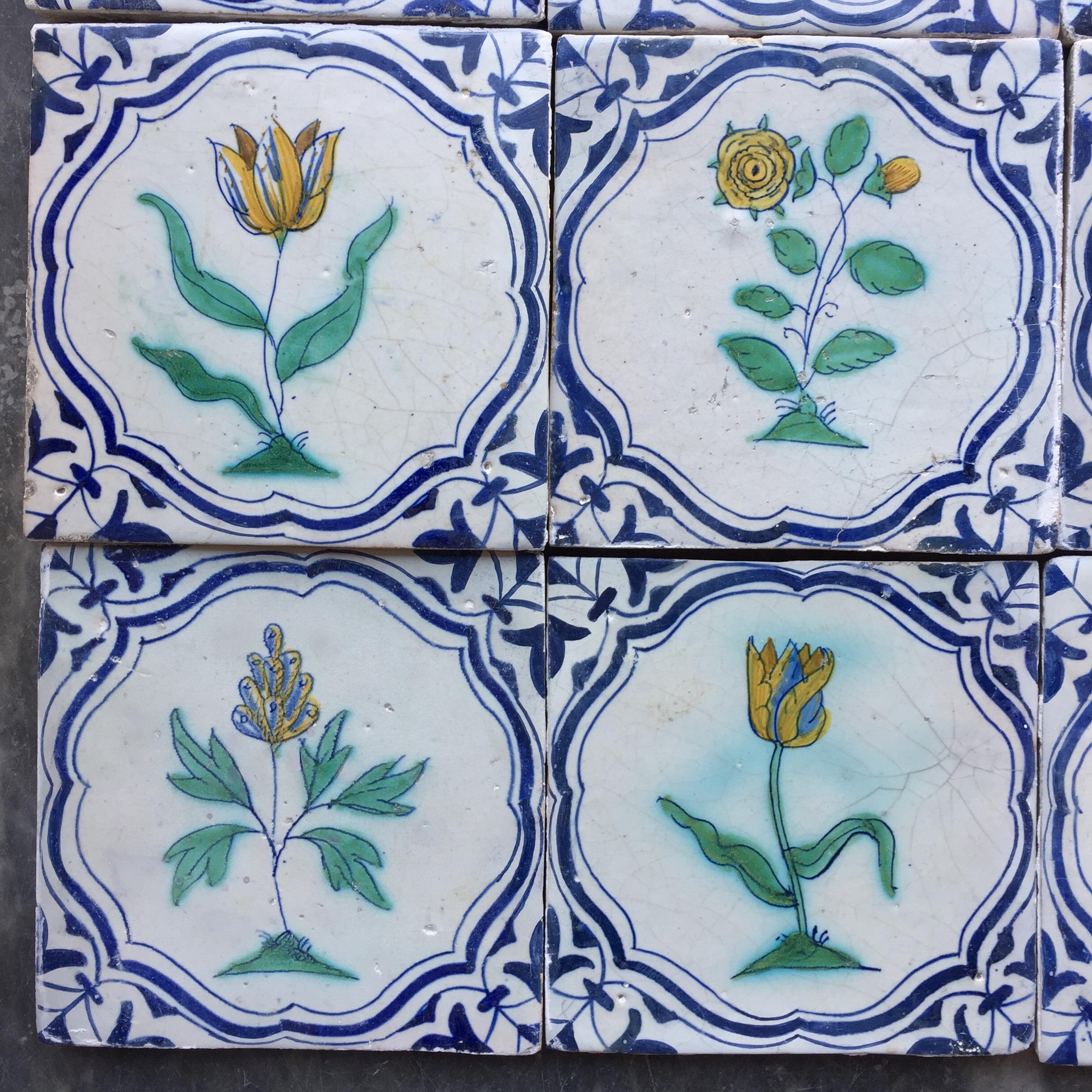 Ceramic Important and Rare Set of Dutch Delft Tiles with Flowers, Early 17th Century
